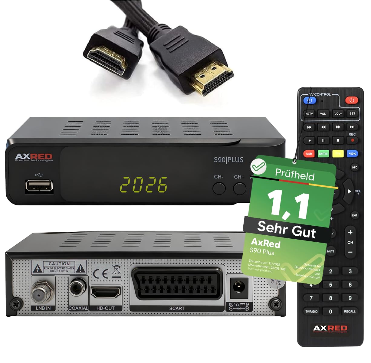 [ Test SEHR GUT, Note 1.1 *] AXRED S90 Plus Sat Receiver + HDMI Kabel, mit Aufnahmefunktion, HD fähig, Digital Sat-Receiver für Satellitenschüssel Satelliten Satellit Fernseher, HD-Receiver, HDMI