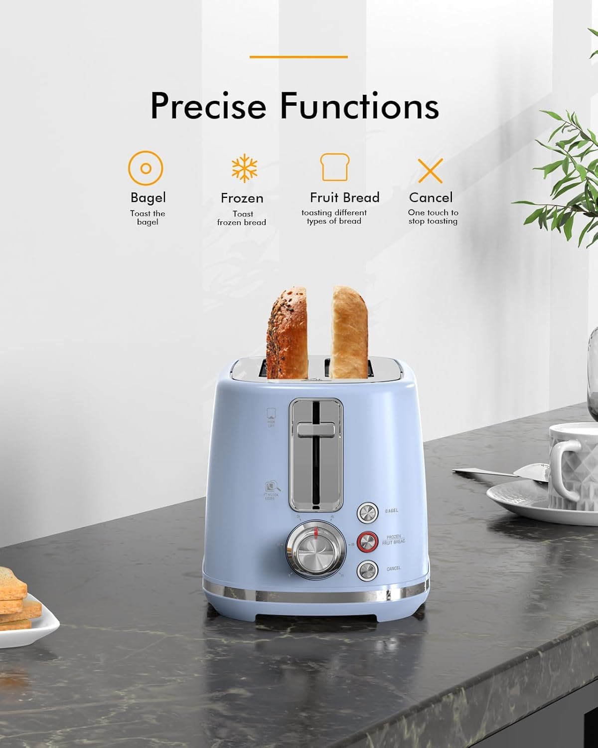 2 Slice Toaster with 1.5" Extra Wide Slots & Removable Crumb Tray 6 Browning Options, Auto Shut Off & Frozen Function, Toast Fruit Bread, Bagel & Waffle, Blue