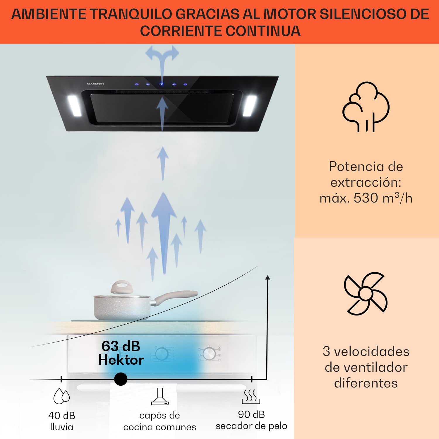 Klarstein HEKTOR SL campana extractora, campana integrable y de pared, 52 cm de ancho, modo recirculación, extracción hasta 467 m³/h, filtro de aluminio, convertible a recirculación, negro