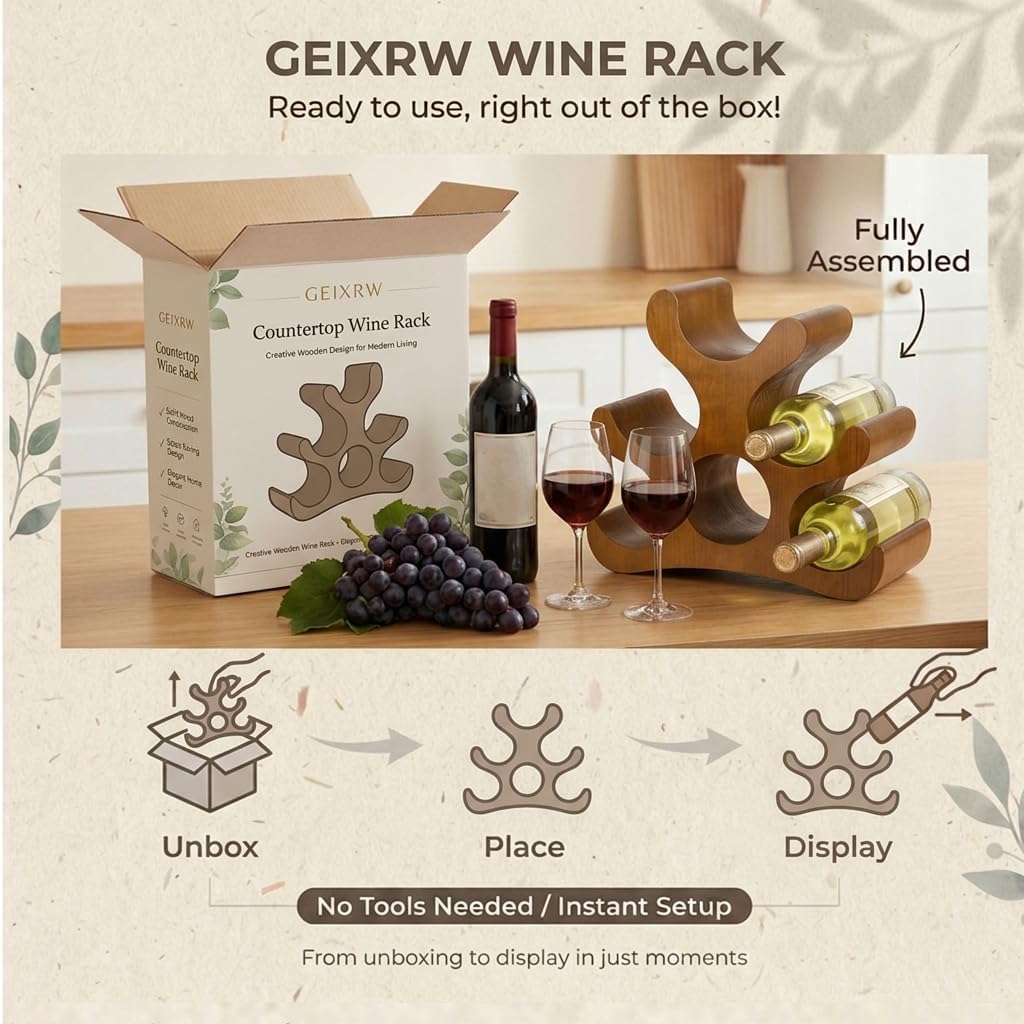 GEIXRW Countertop Wine Rack 6 Bottle Wooden Wine Rack Freestanding Wine Bottle Holder Stand Wine Storage Rack for Cabinet Pantry Bar Kitchen (Black)