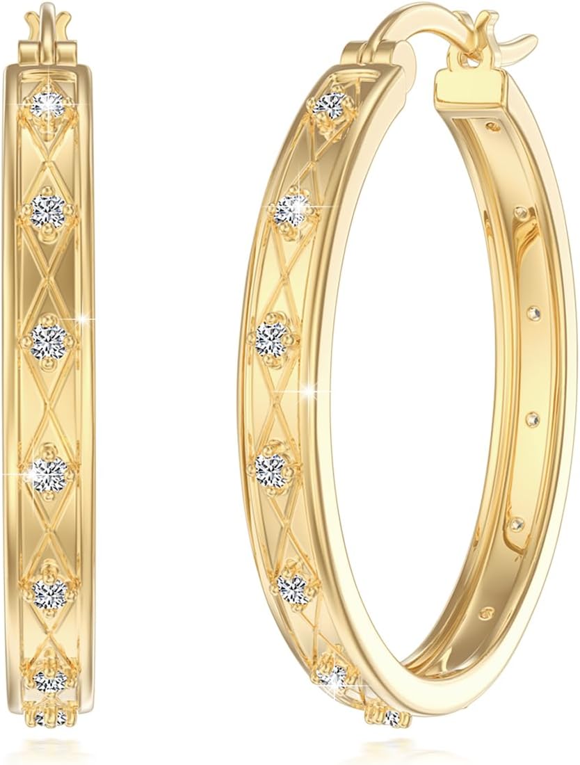 14K Hoop Gold Plated Earrings 925 Sterling Silver Gold Earring for Women Moissanite Hoop Earrings Classic Dainty Minimalist Gift Jewelry 30mm/25mm