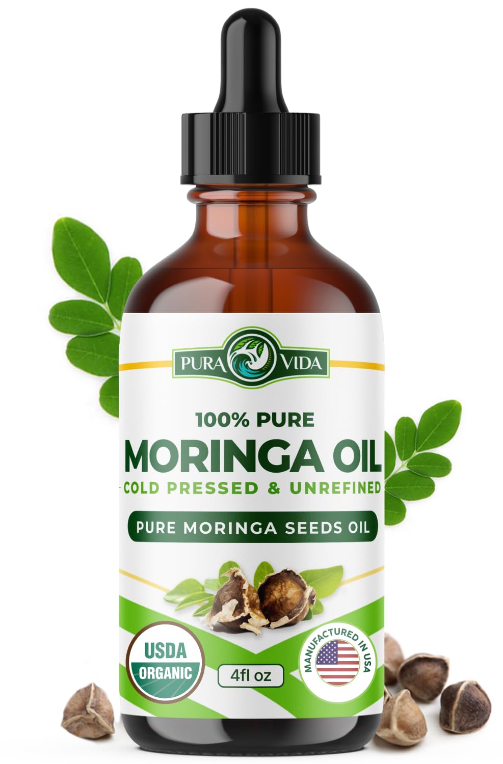 100% Pure Moringa Oil Organic for Face, Hair, Nails and Dry Skin - USDA Certified Single Origin Moringa Oleifera Seeds Extract - 3rd Party Tested,