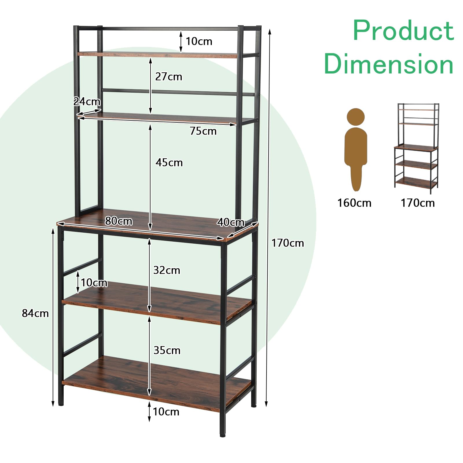 Scaffale Cucina 5 Ripiani In Legno E Metallo - 80x40x170 Cm, Marrone/nero, Con Antiribaltamento