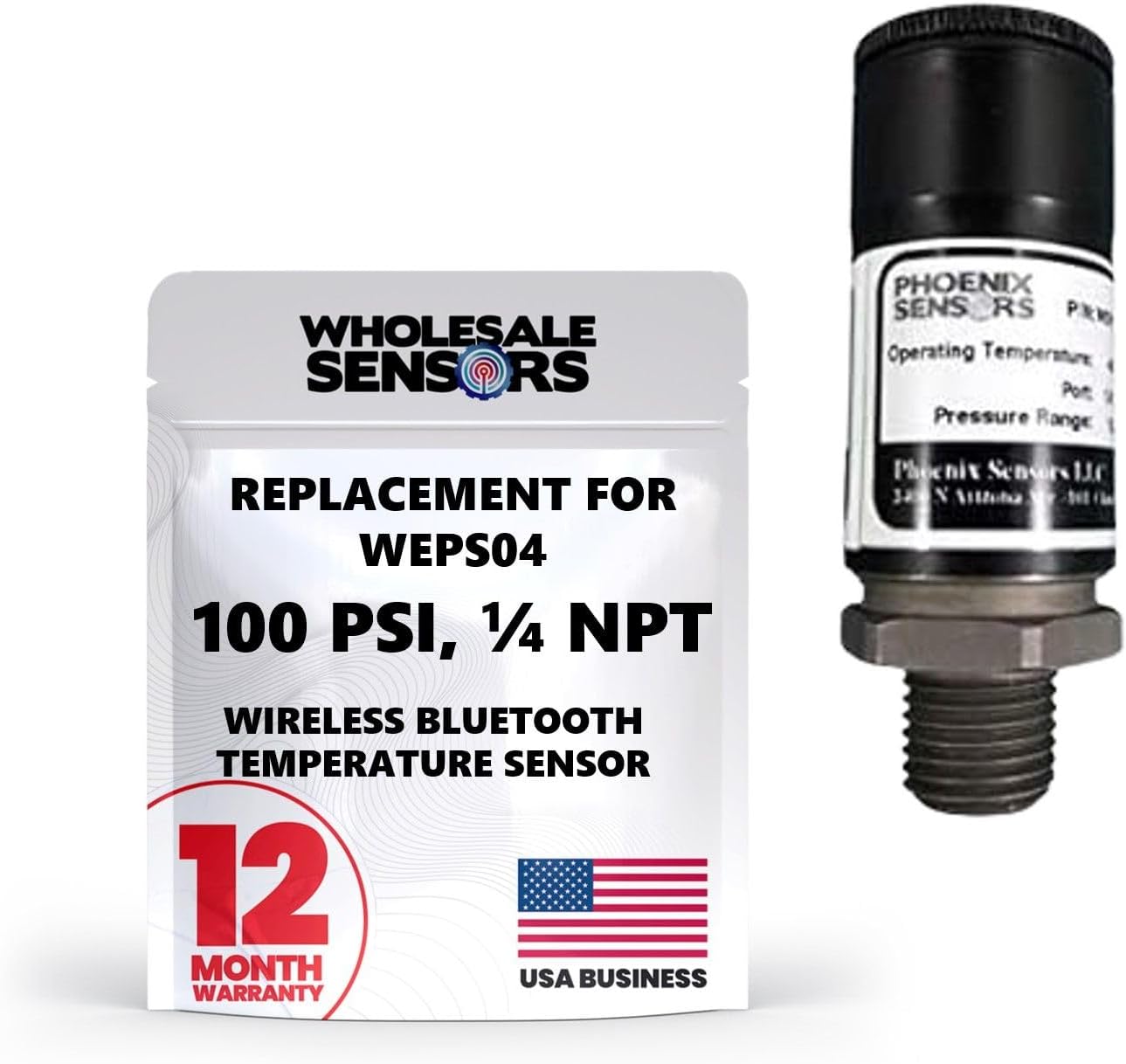 WEPS04 Wireless Bluetooth Pressure Sensor Transducer, 1/4”NPT, 100PSI - Made in The USA - 12 Month Warranty