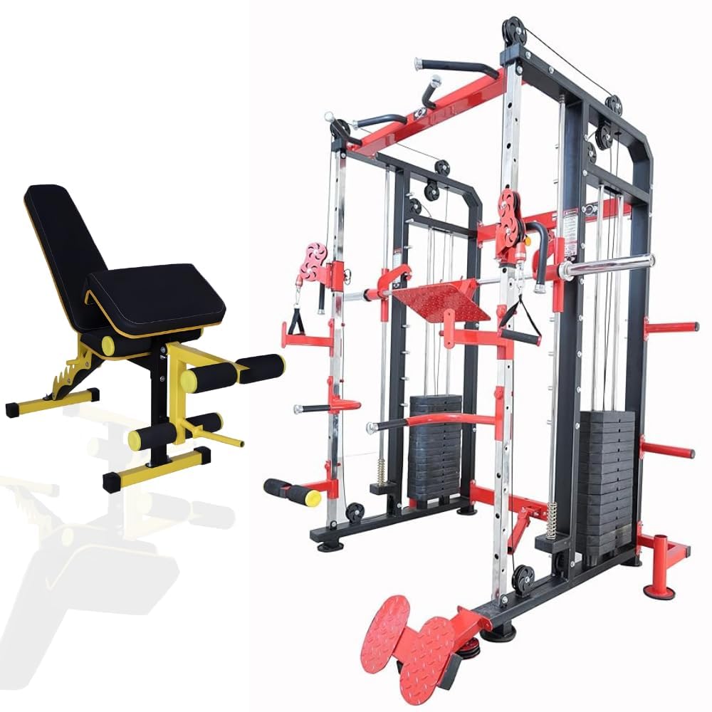 GYM24 EQUIPMENTS Sonata Functional Trainer with Smith Machine & Power Cage | Dual 80 kg PVC Weight Stack 160 kg Total | Multi Gym with Bench Pull Up Bar Dip Bars Leg Press Landmine | Red Black-image-43