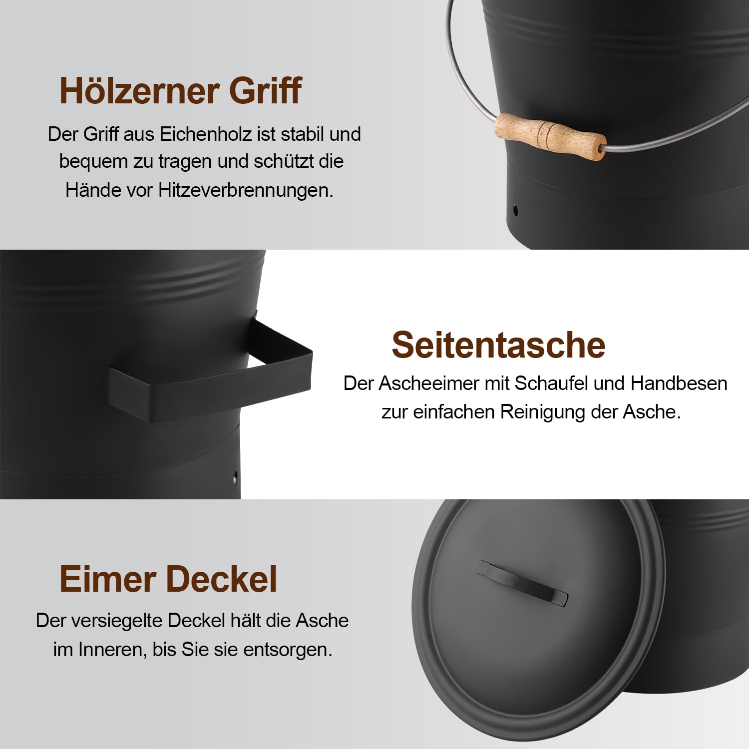 Ascheeimer mit Deckel, 10 Liter Holzkohle Kohleeimer Set mit Schaufel und Handbesen, Werkzeugset Zubehör für Kamin, Feuerstelle, Holzofen, Ascheschaufel mit Deckel für Kamin und Grill Kehrset, Schwarz