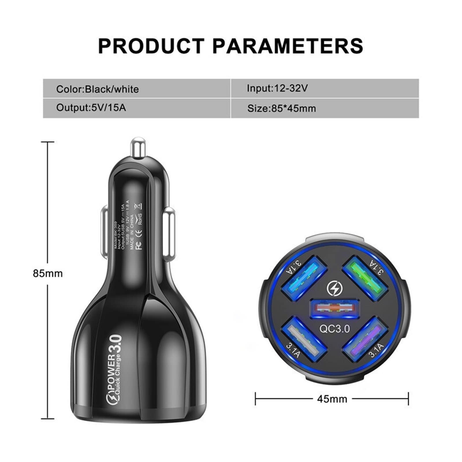 Stazioni di ricarica, Caricatore USB per auto a ricarica rapida 5 porte, Caricabatterie Quick Charge 3.0 15A Caricatore per telefono cellulare in auto, Adattatore per caricabatteria per auto USB (Co