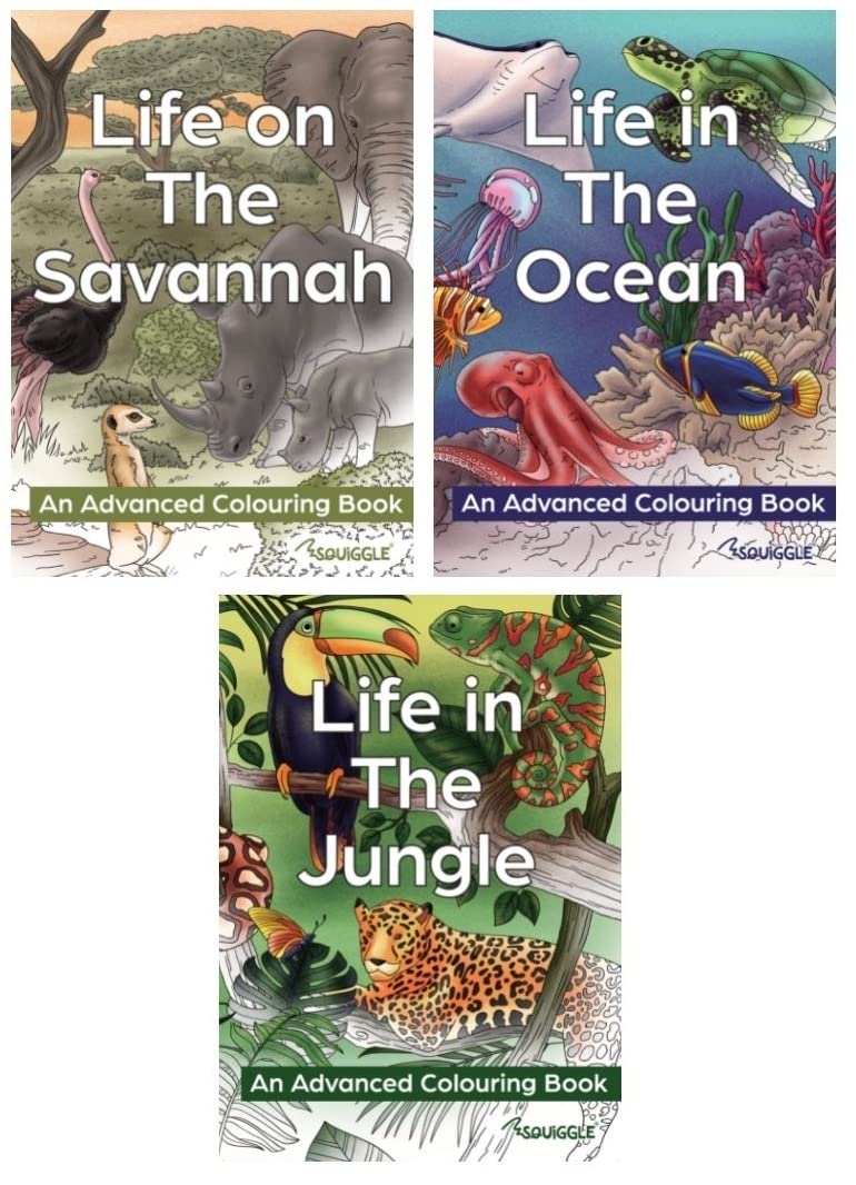 Squiggle Multicolor Advanced A4 Colouring Books, Savannah, Jungle & Ocean - Set Of 3