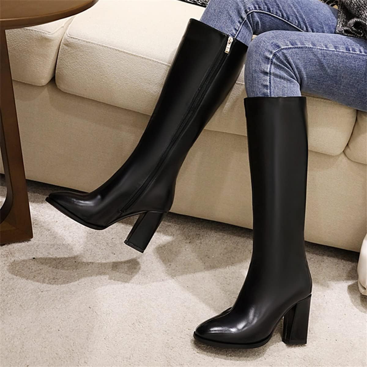 Betastella Women's Chunky Heeled Knee High Boots Side Zipper Pointed Toe Block Heels Boot