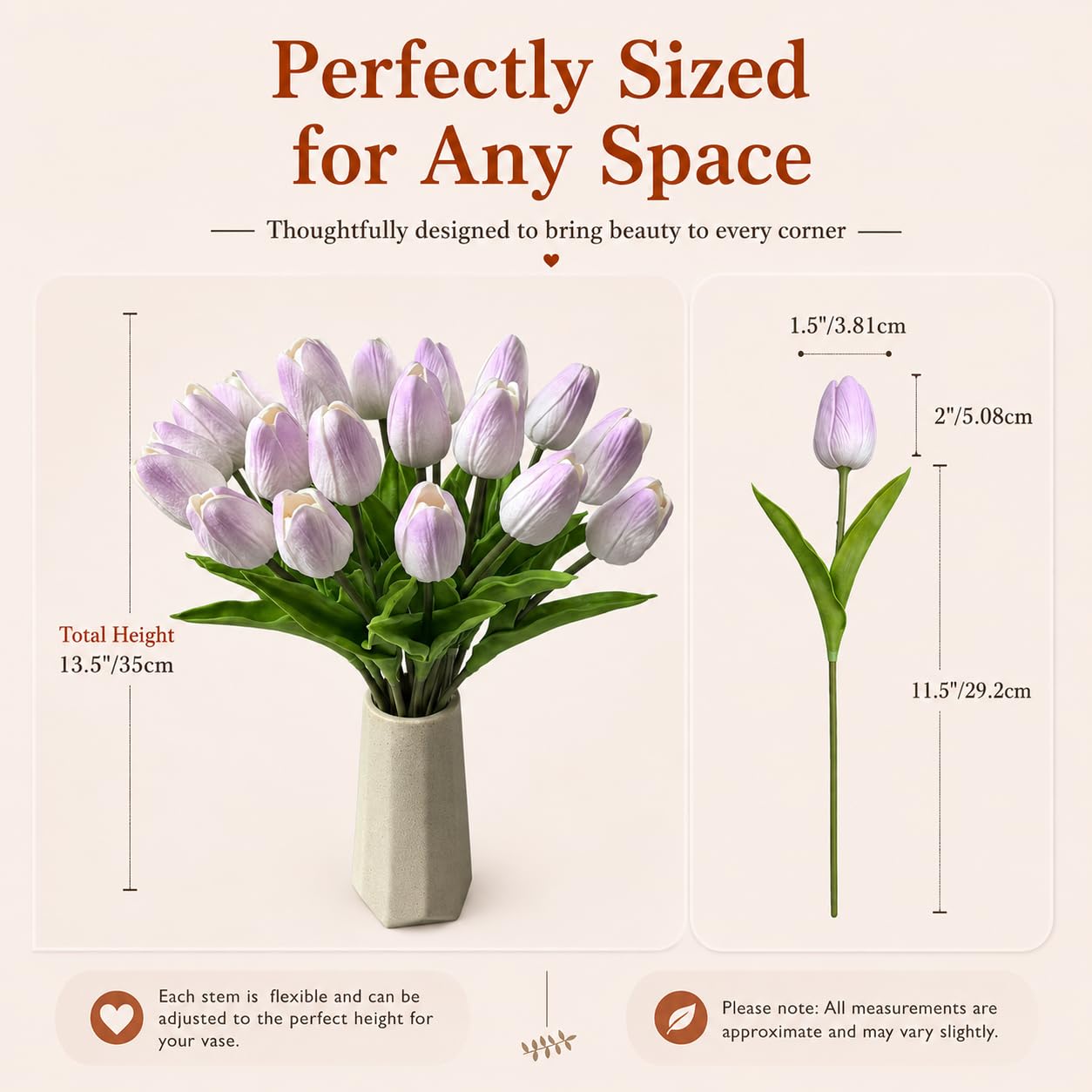 Mandy's 20 szt., jasnofioletowe sztuczne tulipany, jedwabne sztuczne kwiaty, 34 cm, na Nowy Rok, wiosnę, Dzień Matki, Wielkanoc, prezenty, bukiet, do domu, kuchni, dekoracje ślubne