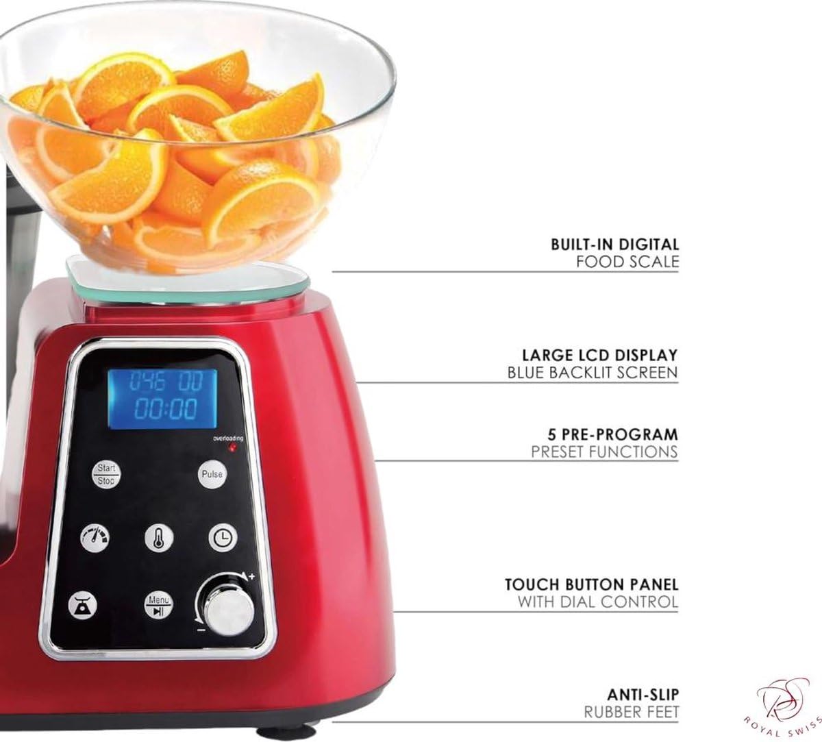 Royal Swiss Robot de Cocina Multifunción 1800W - Mezclador, Cocina, Amasadora, Pantalla LCD, Cuenco Inox 2,5L, 10 Velocidades, 5 Programas Preestablecidos, 10 Velocidades, Seguridad Térmica y