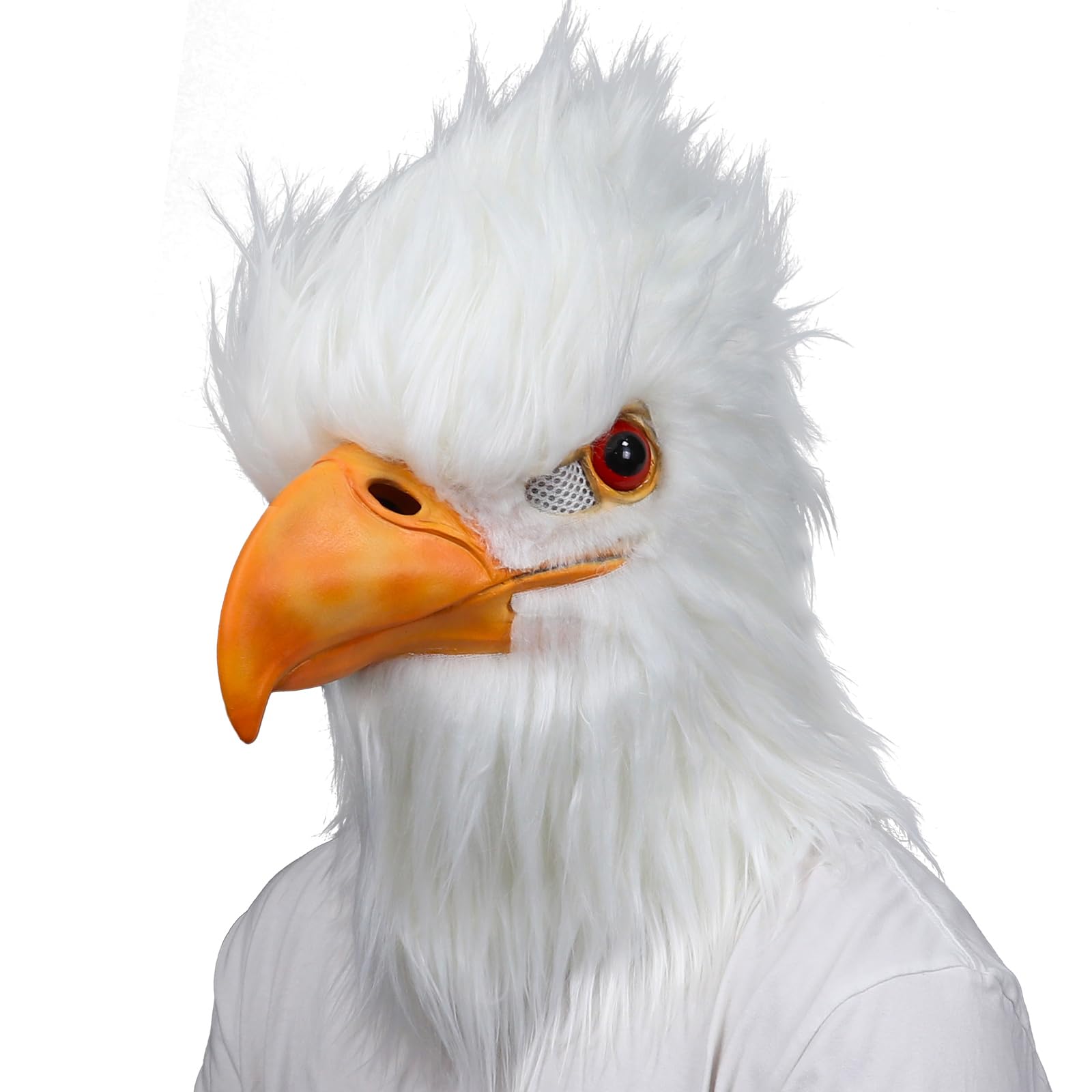 CrDoJu Halloween White Eagle Head Mask Bird Mask with Fur Animal Latex Full Head Mask for Carnival Costume Party Prop