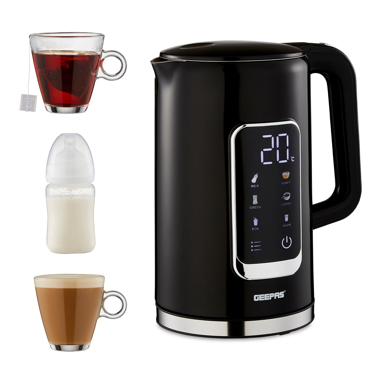 GEEPAS Digital Electric Kettle | 1.7L Jug Kettle 5 Temp Setting One-Touch Display Double Wall 2Hr Keep Warm Func. Stainless Steel Interior Boil-Dry Protection Cordless | 2 Year Warranty 2200W Black