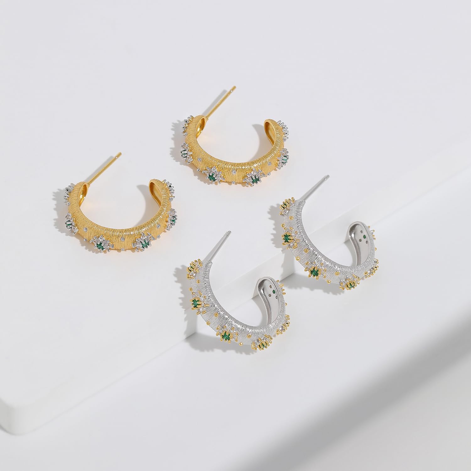 Meissa 14K Gold Plated Hoop Earrings for Women Hypoallergenic Handmade Hoops with 925 Sterling Silver Post Emerald Green Stone