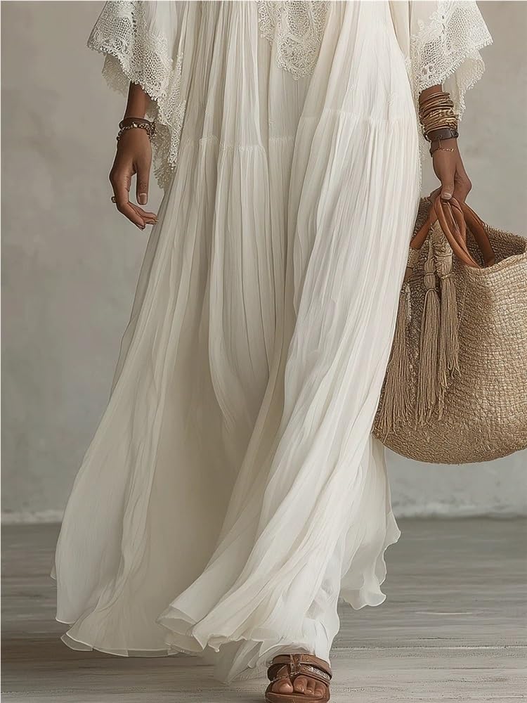 Generale Abito Maxi Crochet Donna Scollo V Maniche A Campana | Veste Lunga Stratificata Aerea Texture Pizzo Fluida Per Laurea Invitata Nozze Feste Estive