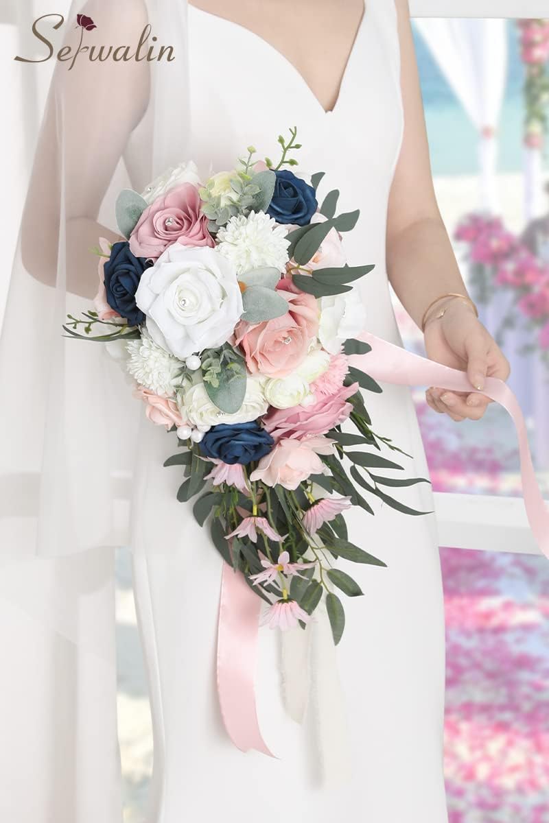 Serwalin 9.8 Inch Wedding Bouquets for Bride Bridesmaid, Pink Blue Rose Bridal Bouquets for Bride, Wedding Flowers Bouquet Tossing Bouquet, Wedding Ceremony and Anniversary Day Decor - Image 5