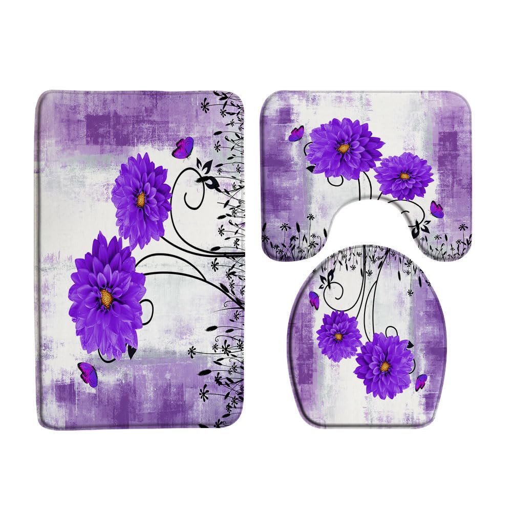 VPUPCN Farmhouse Floral 3 Pcs Bath Rugs Set,Rustic Dahlia Flower Butterfly Vintage Wooden Board Country Bathroom Kitchen Rug with 16