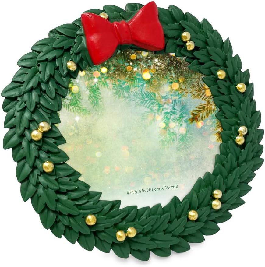 Isaac Jacobs 4x4 Green Wreath Holiday Picture Frame, Festive Photo Gift for Loved Ones, Tabletop or Wall Display, Elegant Home Décor (4x4, Green) (Pack of 2)