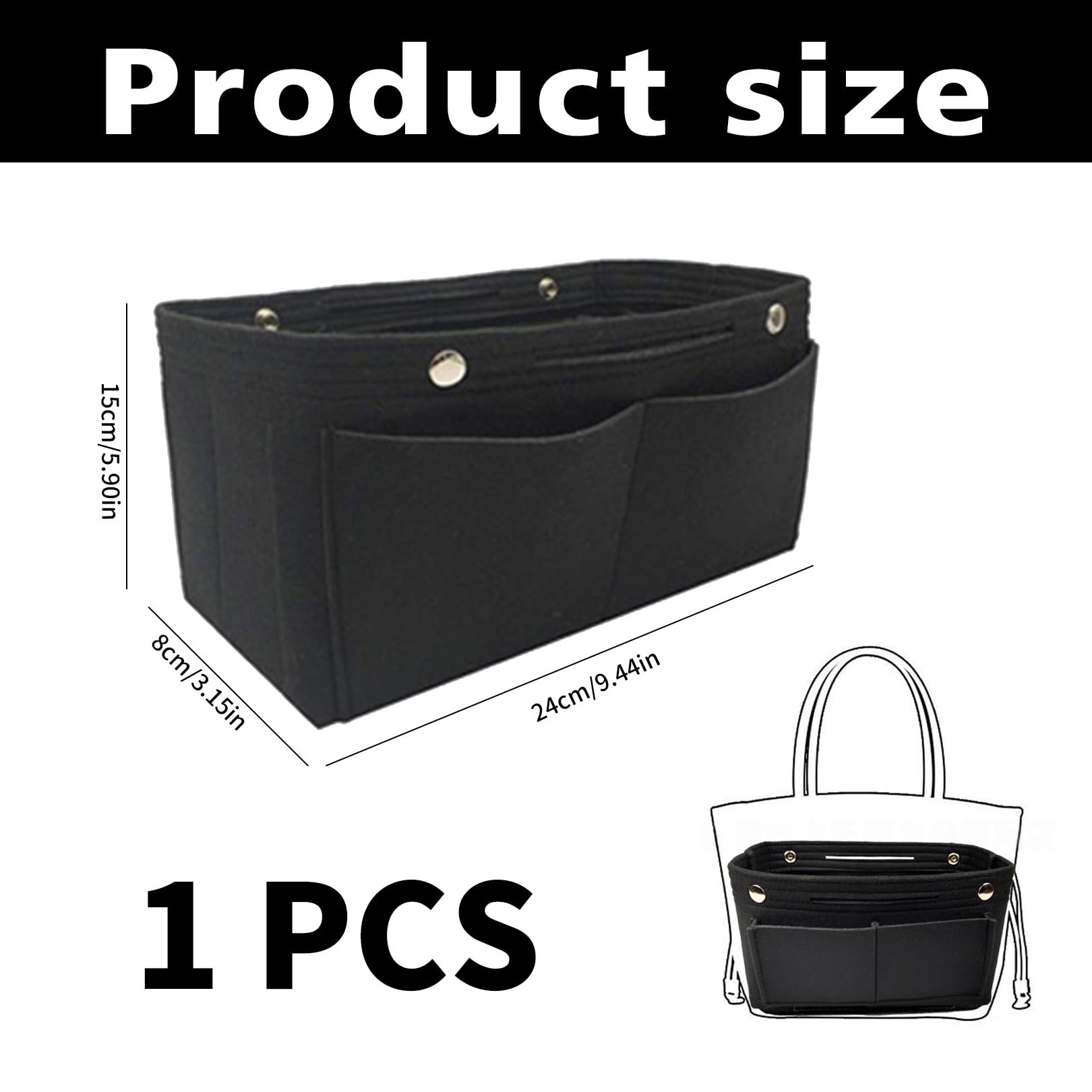 Organisateur Sac à Main En Feutre 24x8x15cm Noir - Multi-poches Bag In Bag Pour Femmes