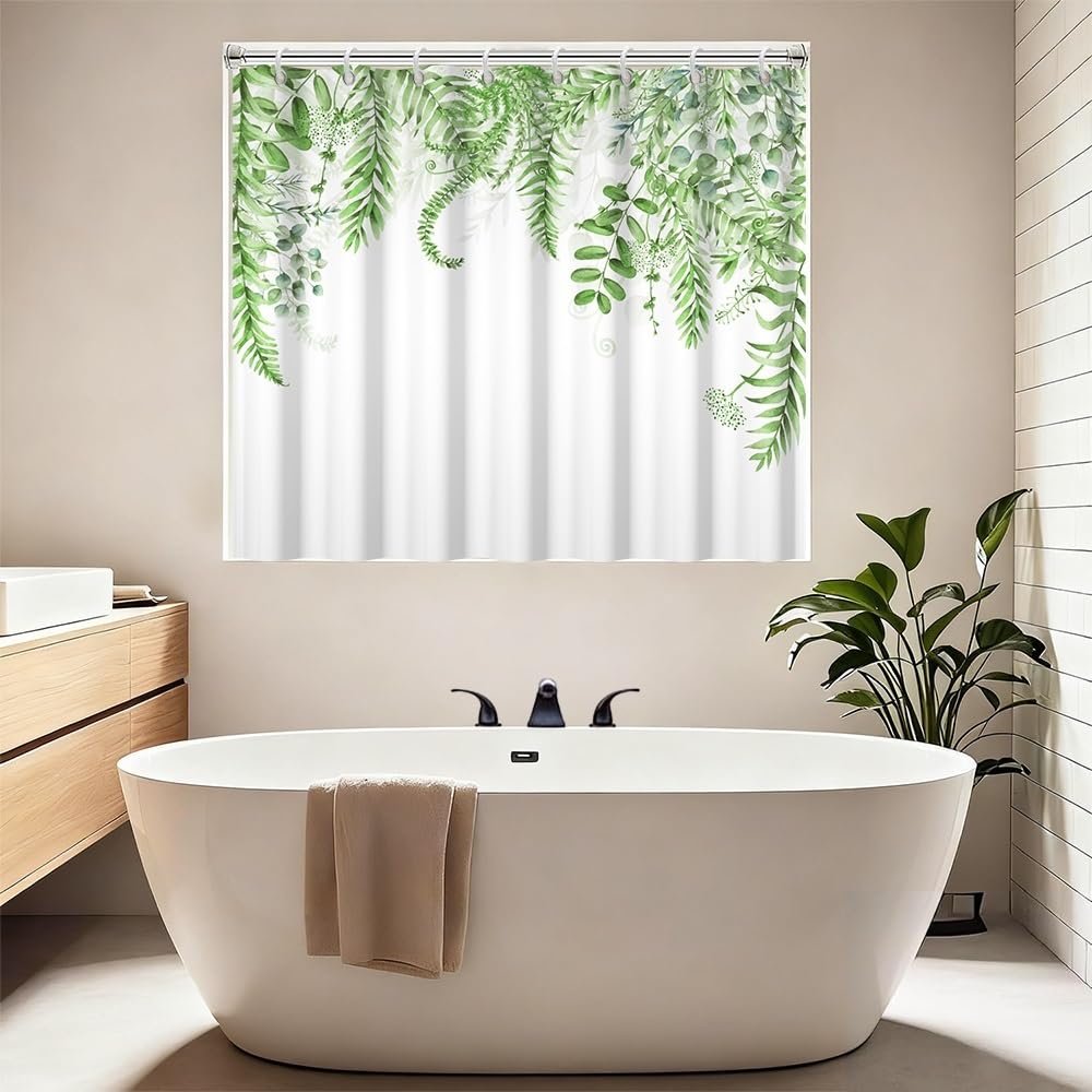 Leyiyi Short Shower Window Curtain, Waterproof Green Eucalyptus Leaves Bathroom Window Curtains, Waterproof Fabric Small Curtain for Kitchen Bathroom Windows 36x48 Inch