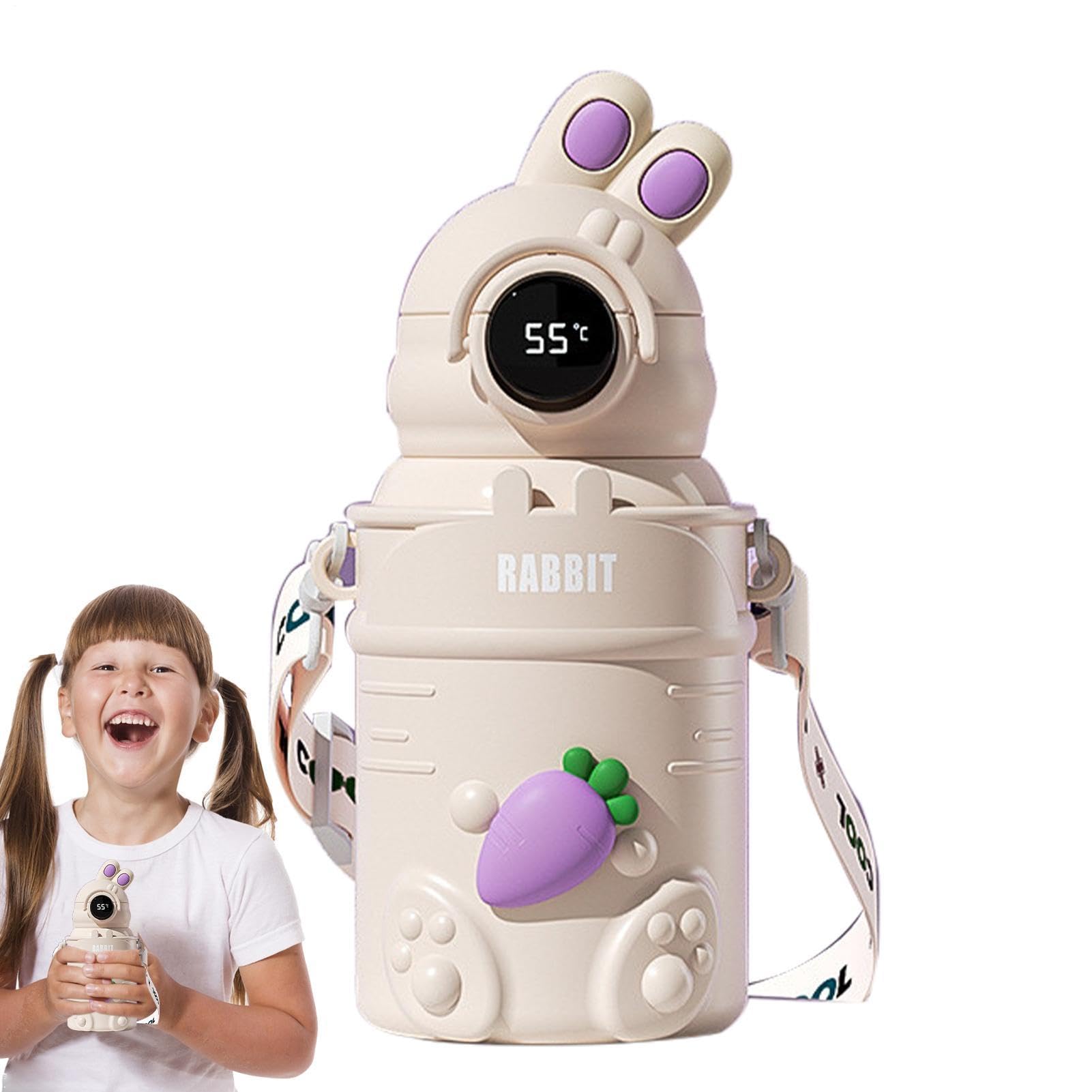 Borraccia con cannuccia, in acciaio , isolata, 500 ml, leggera | con display digitale della temperatura, a prova di perdite, per sport, con cinturino, per viaggi e scuola