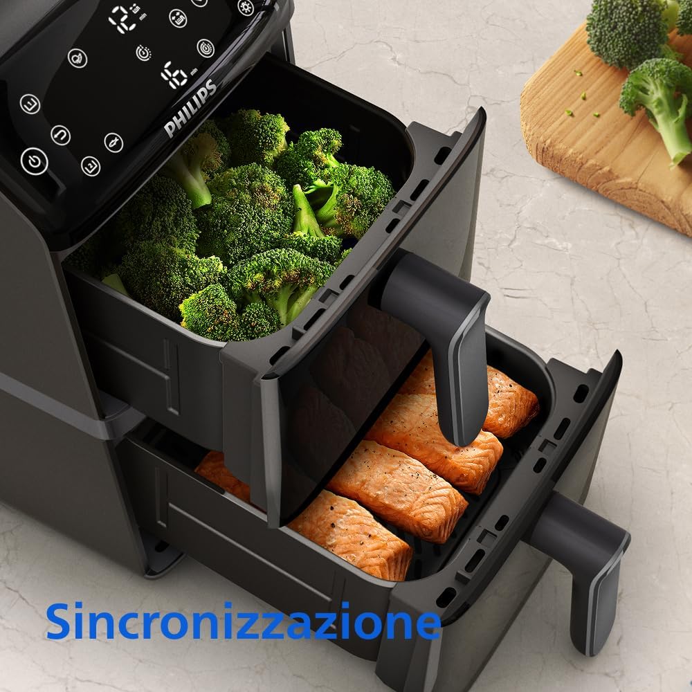 Philips Airfryer Series 4000 showing synchronized cooking of different foods