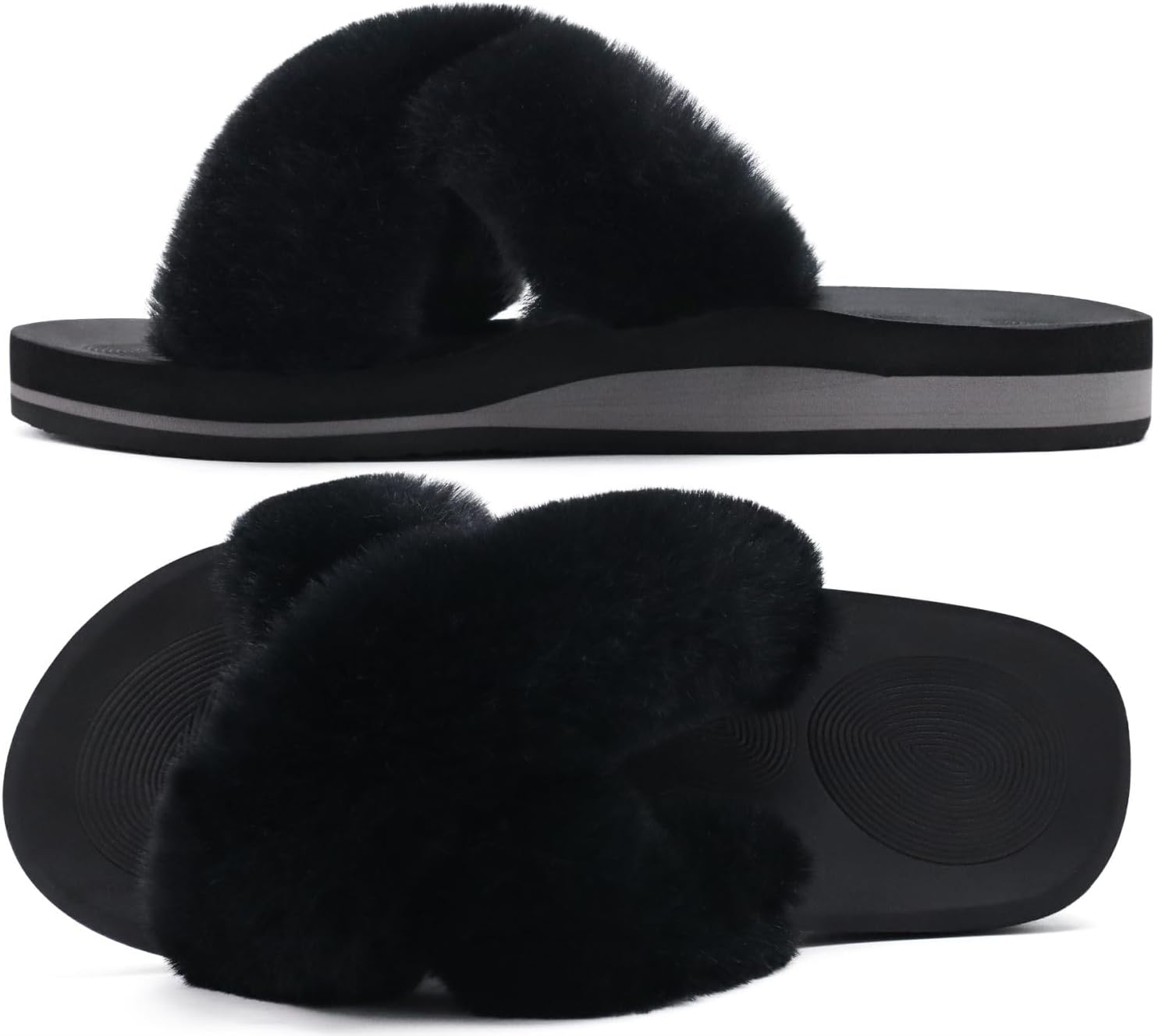COFACE Womens Fuzzy Slides Fluff Fax Fur Cross Slippers Open Toe Yoga Mat House Slipper Sandals With Arch Support For Indoor/Outdoor