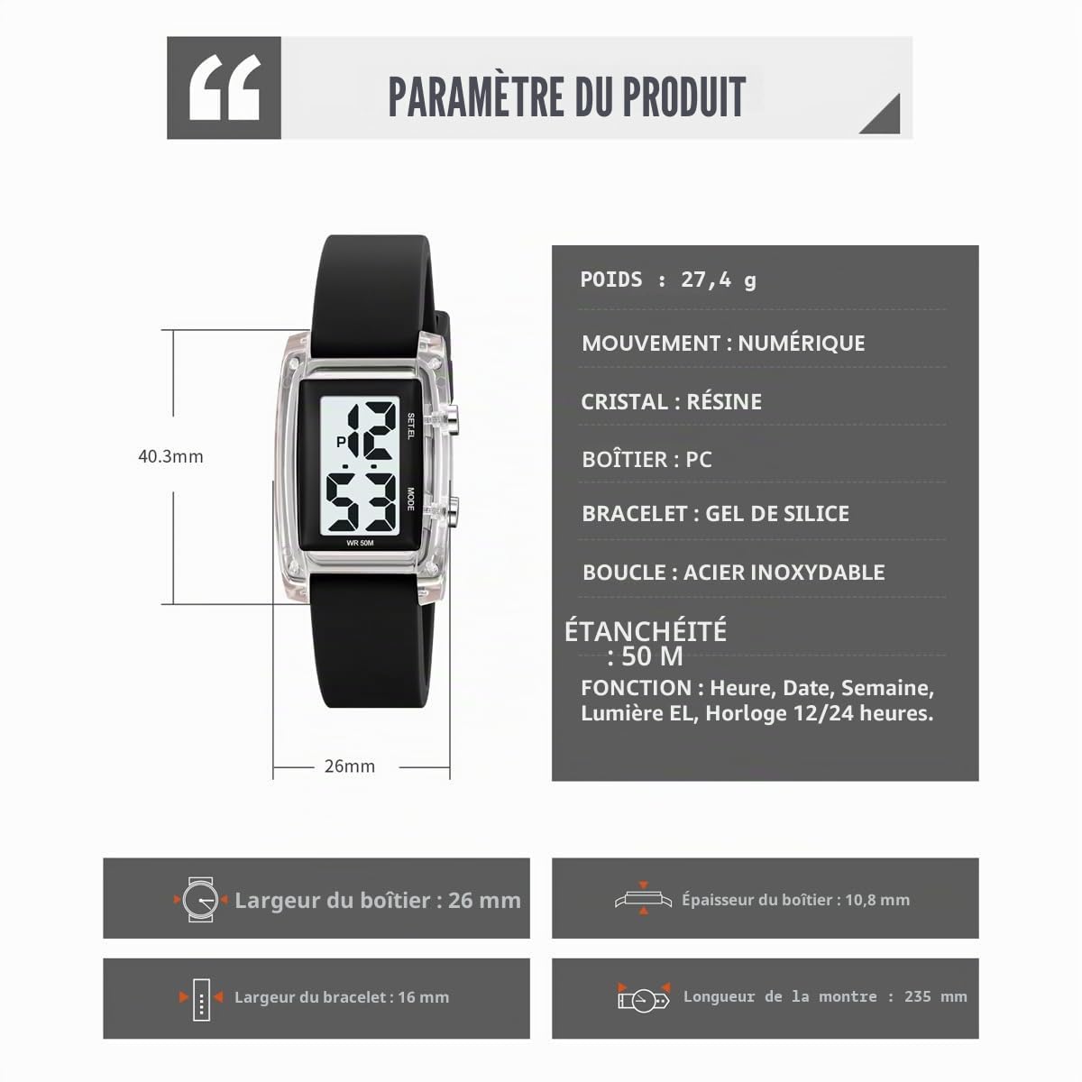 findtime Montre numérique étanche pour femme - Montre de sport à grands chiffres - Facile à lire avec rétroéclairage LED
