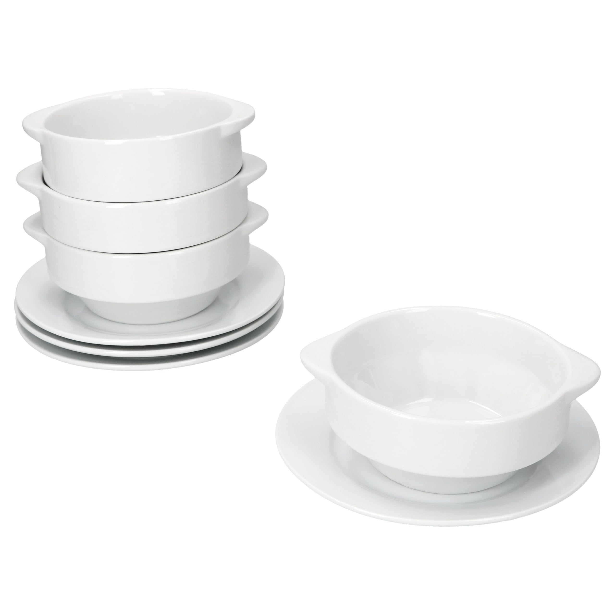 MamboCat STABIL 4er Set Suppentasse mit Untertasse I 350 ml I 4 Personen I Porzellan weiß I Suppenschale mit Henkeln I Bowl für Ramen, Chili, Gulasch, Suppe & Eintopf