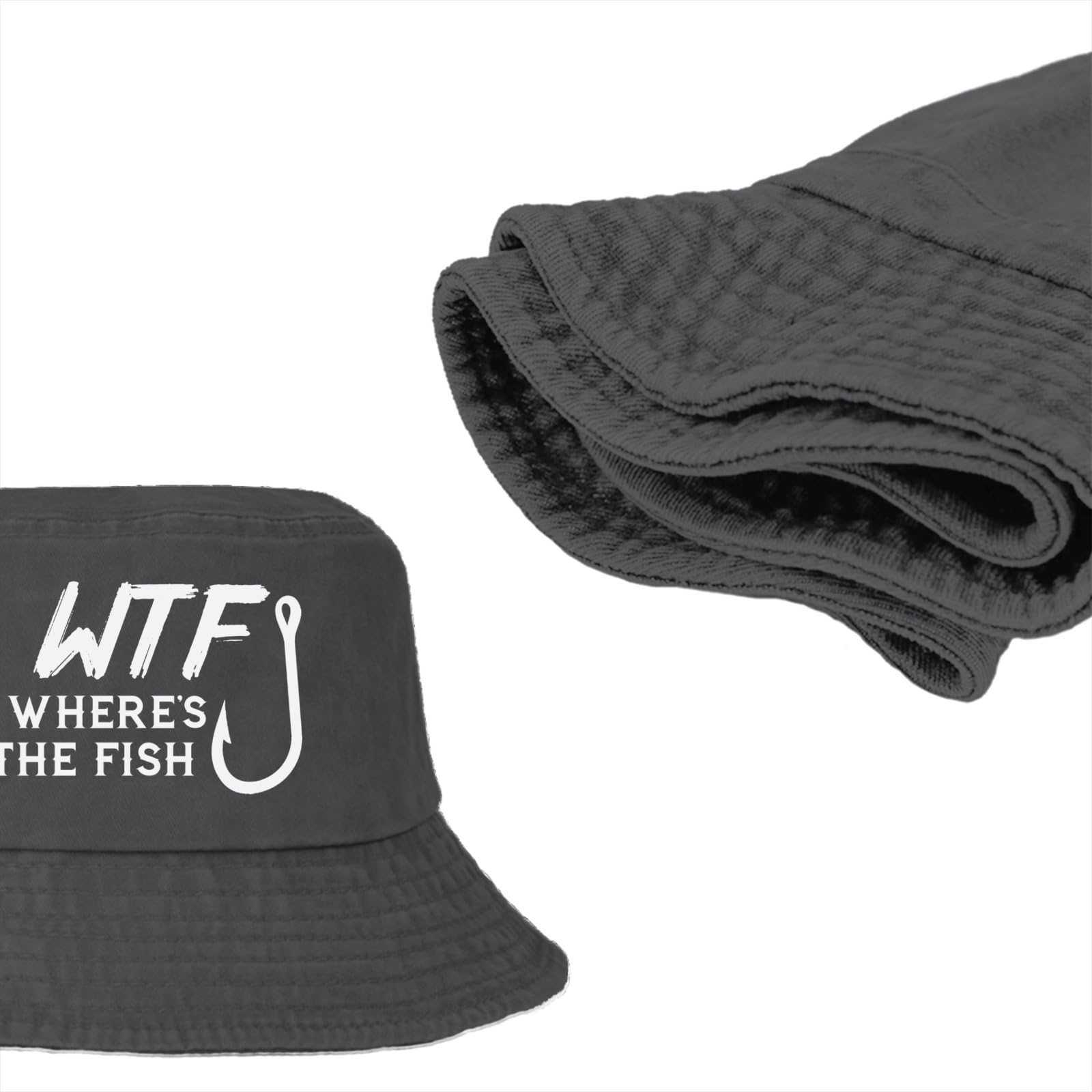 Funny Fishing Trucker Hat WTF Where's The Fish Bucket Hats Flodable caps Wash Black