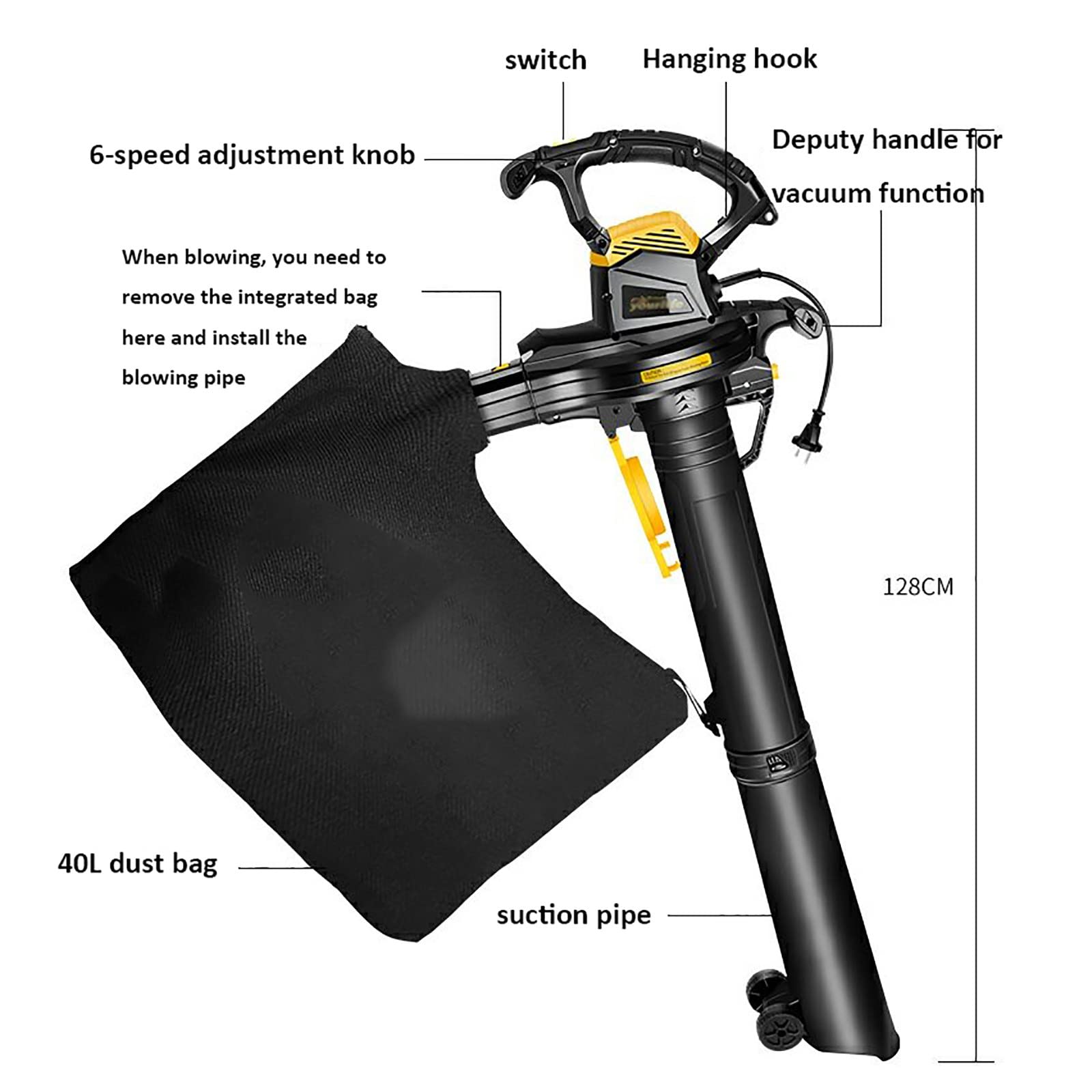 Soplador de Hojas eléctrico, soplador/Aspirador/triturador de jardín, con Bolsa recolectora de 40 L, Ajuste de 6 velocidades