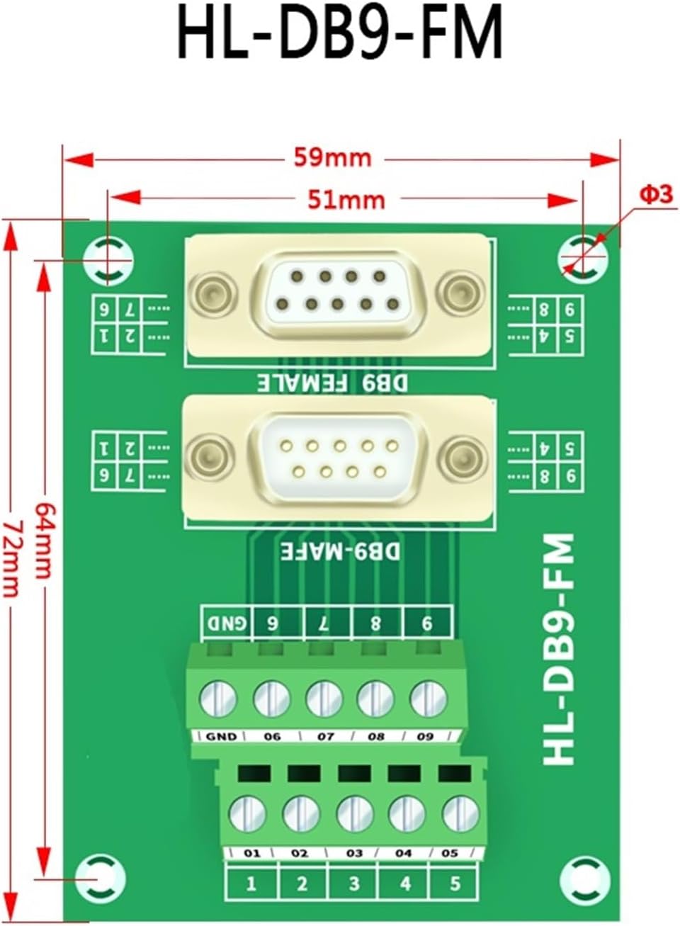 Dual DB9 D-Sub DIN Rail Mount Interface Module RS232 Cable to Male or Female Board Connector Serial Null Modem Cable