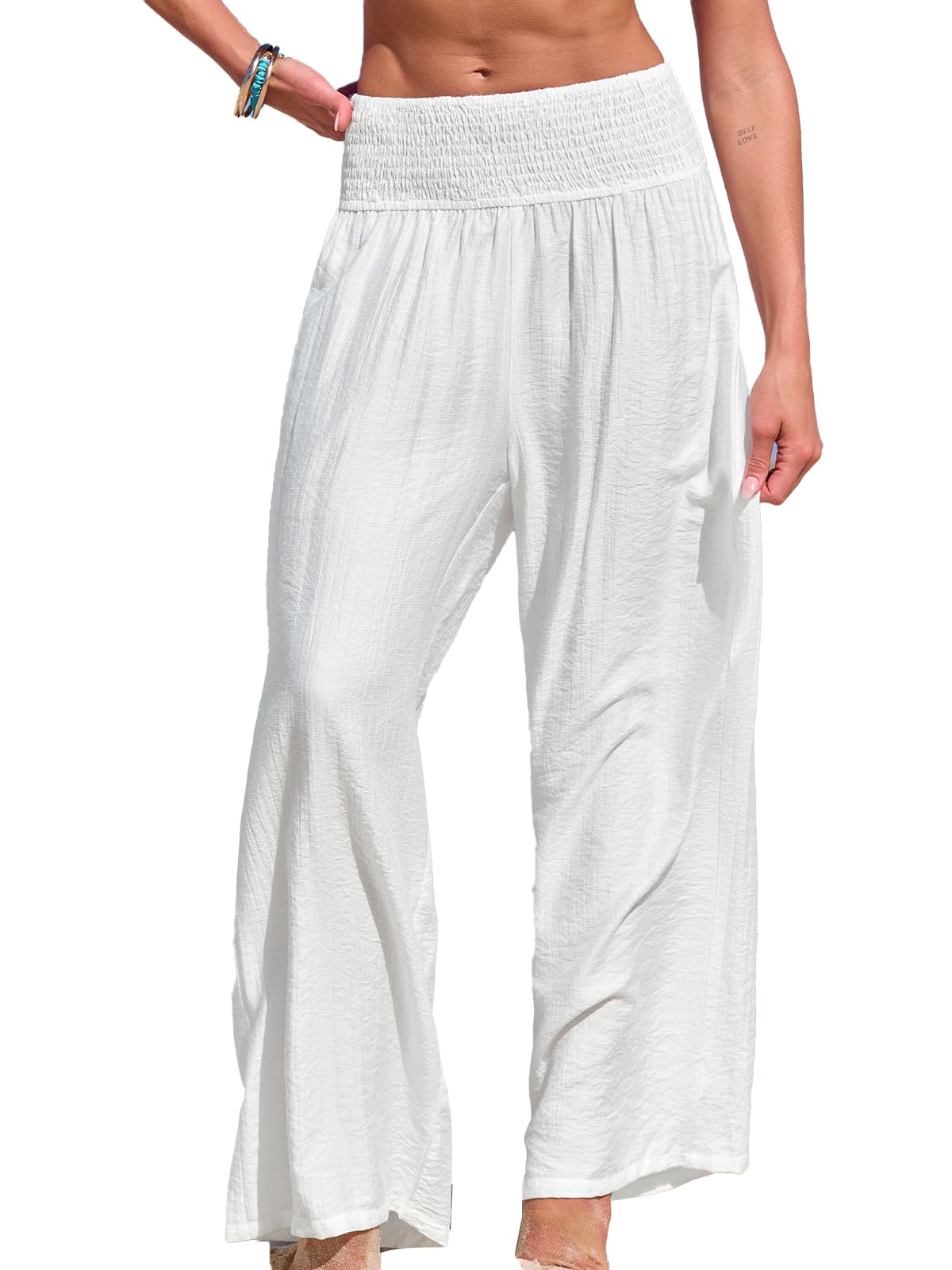 CUPSHE Women Swimsuit Cover Ups Pants High Waist Smokced Wide Leg Beach Vacation Outfits