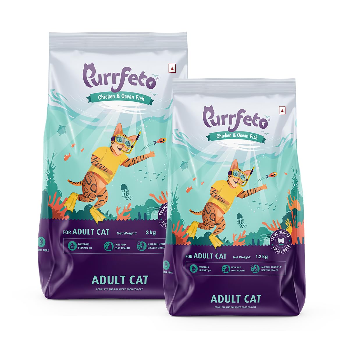 Purrfeto Adult Dry Cat Food | Chicken & Ocean Fish | 1.2 kg + 3kg | 40% Reduction in Urinary Track Diseases | Anti Hairball Formula | Healthy Skin & Coat | Improves Digestive Health