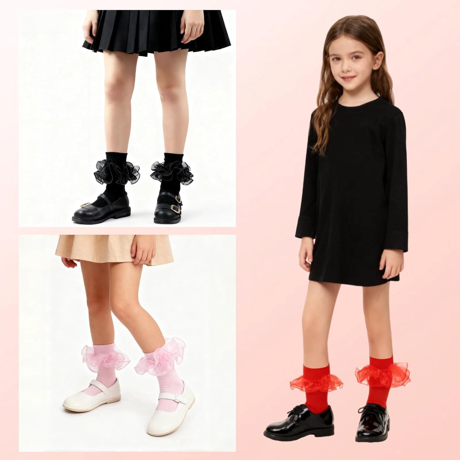 4 Pairs Girls Big Ruffle Socks Double Layer Lace Frilly Dress Socks Turn Cuff Ankle Sock for Toddler Girls - Image 2