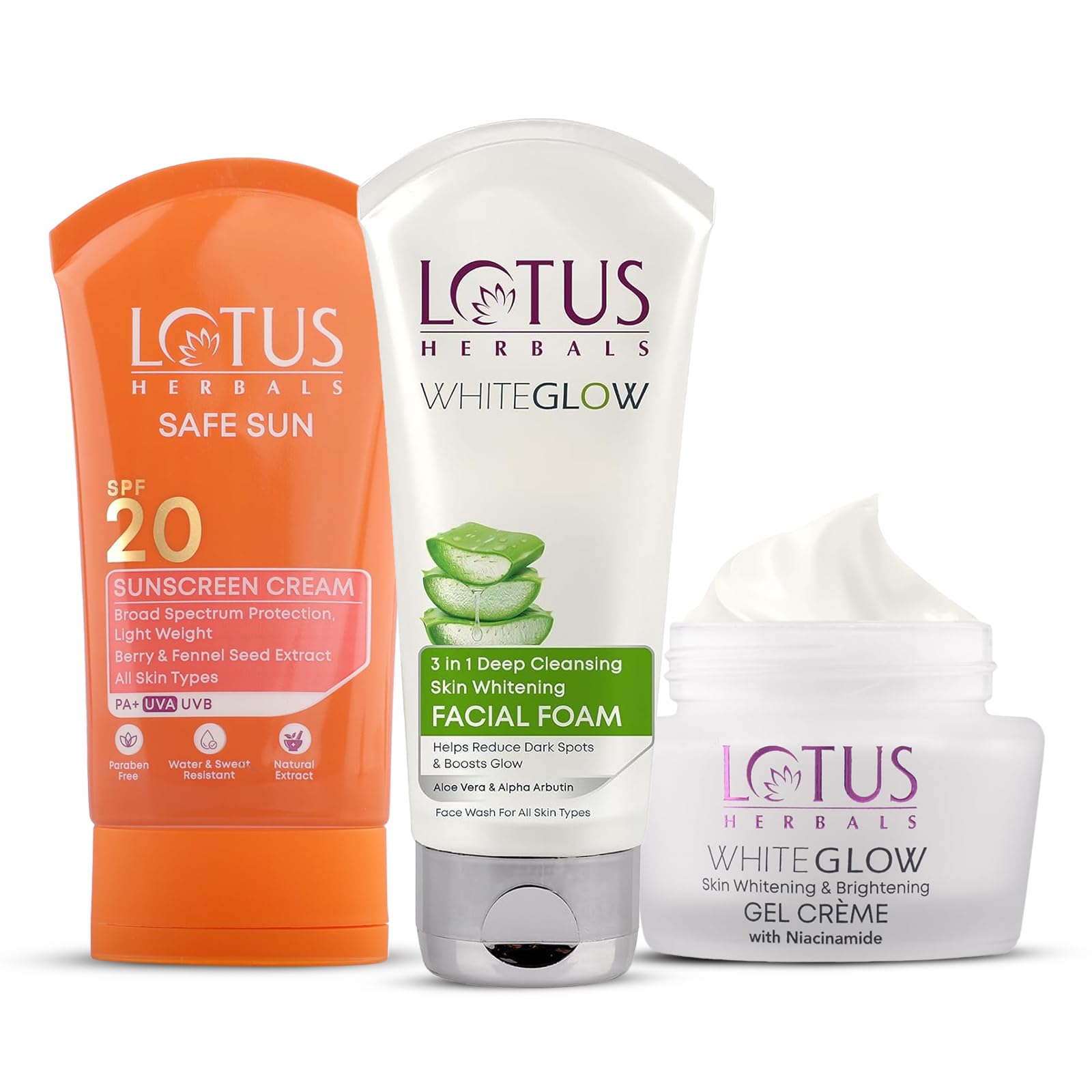 Lotus Herbals Daily Brightening Skincare Combo – Safe Sun Sunscreen Cream SPF 20 PA+ 50g + WhiteGlow Brightening Gel Cream 40g + 3 in 1 Deep Cleansing Facial Foam Face Wash 100g-image-30