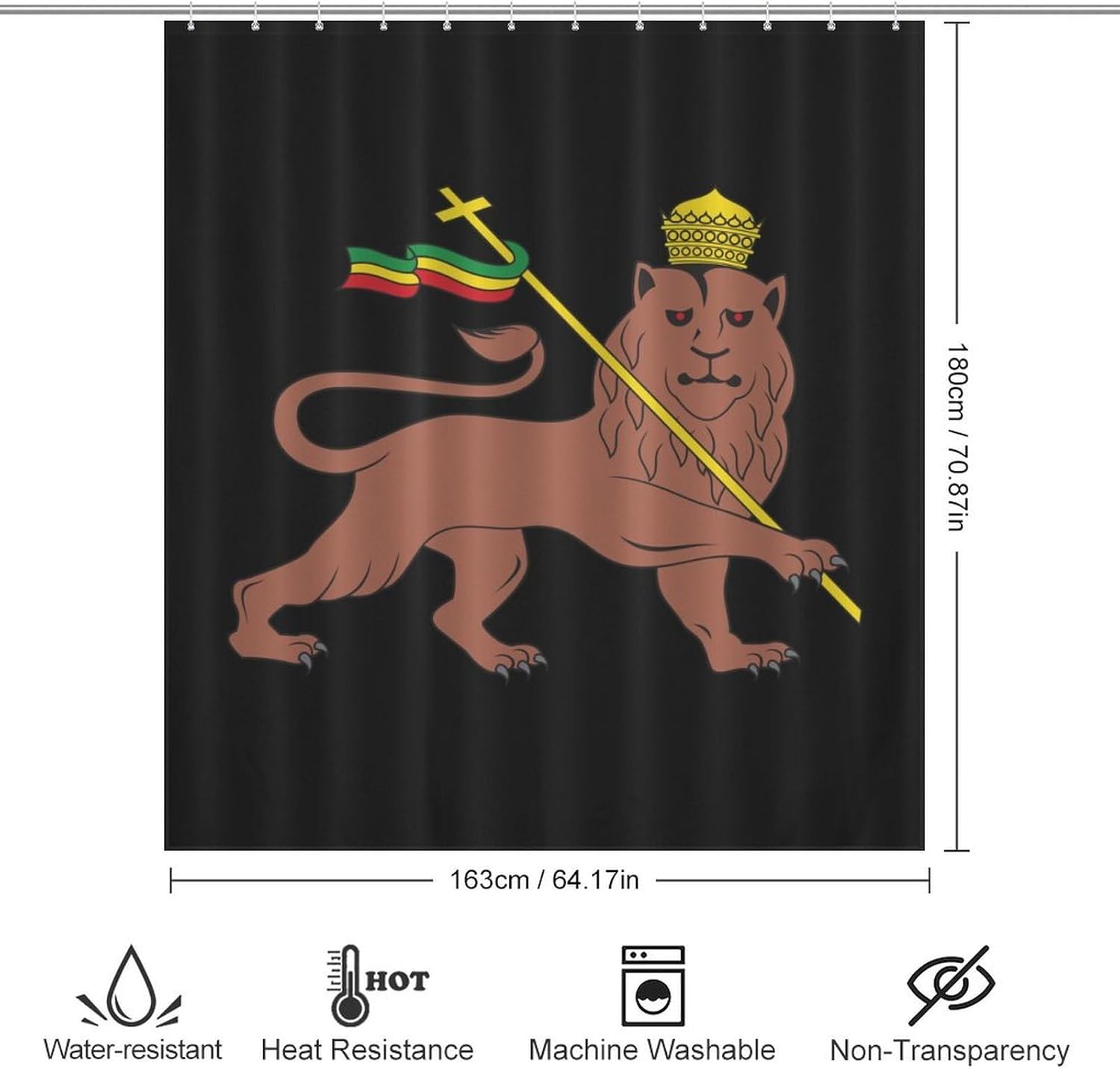 Lion of Judah Emblem of The Ethiopian Empire Funny Shower Curtains Washable Bath Curtain Liner with Hooks for Bathroom Bath Tubs