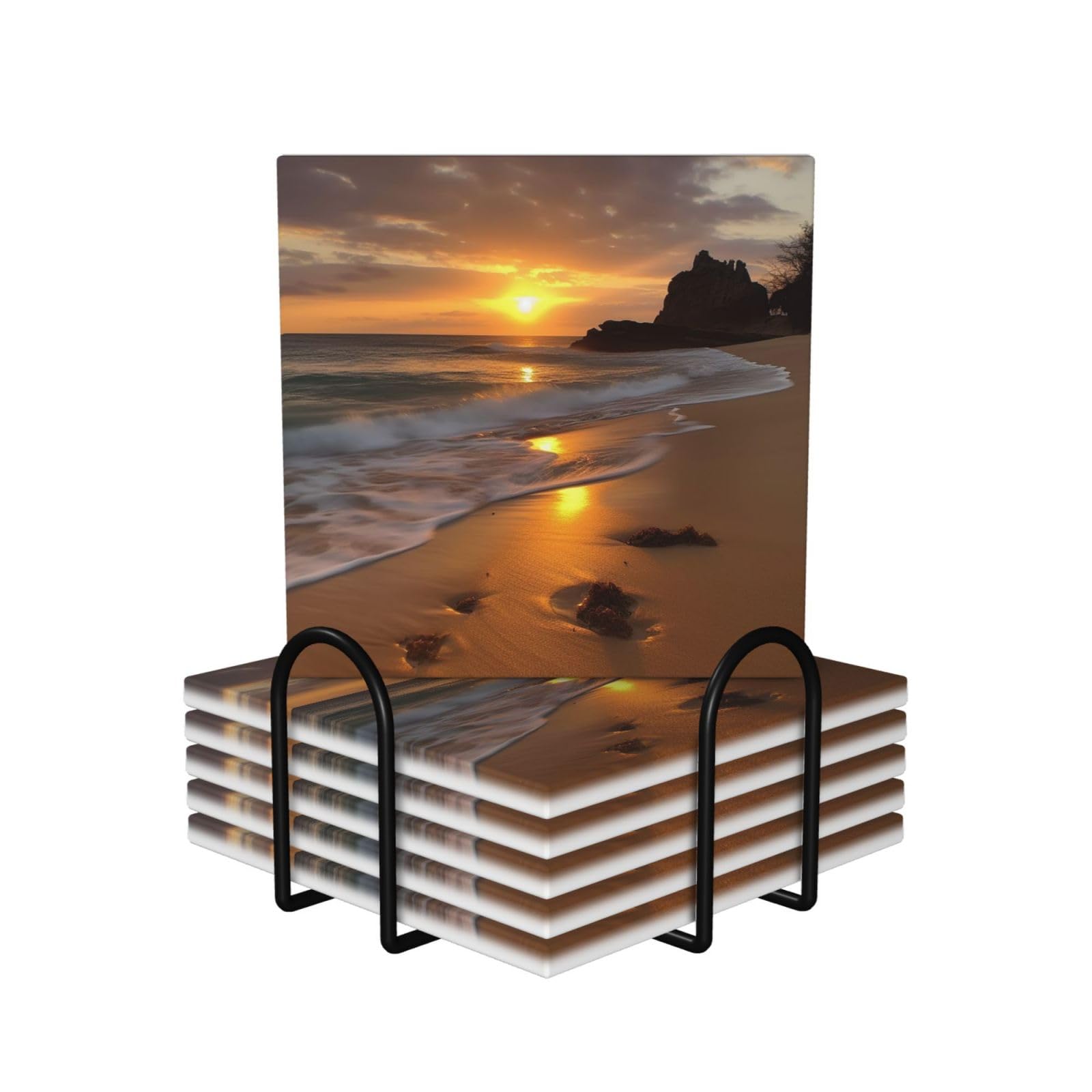 6Pcs Ceramics Coaster for Drinks, Sunrise Beach Cup Coasters with Holder, Aesthetic Drink Coasters for Coffee Table, Absorbent Round Coaster for Tabletop Protection 4" Cup Mat Pad