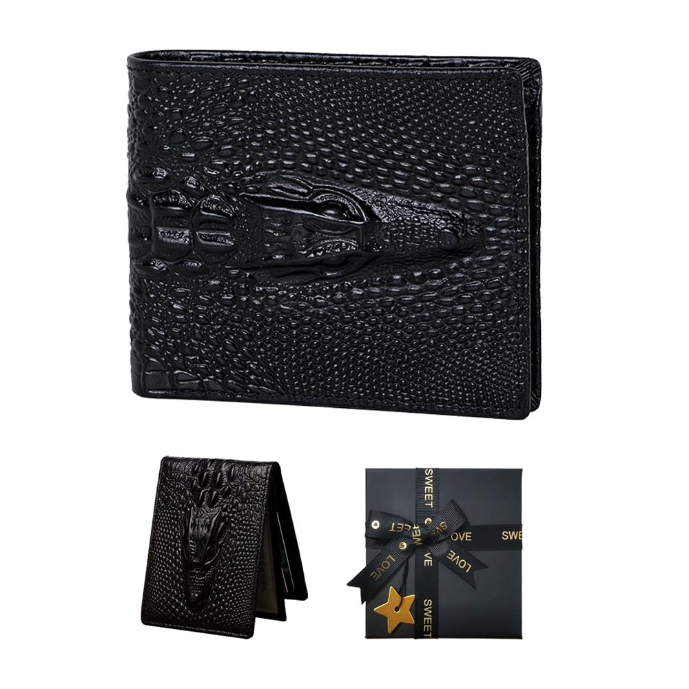 Real Leather Wallet for Mens, RFID Blocking with ID Window Slim Thin Stylish Unique Alligator Pattern Wallets in Gift Box For Mens Gift