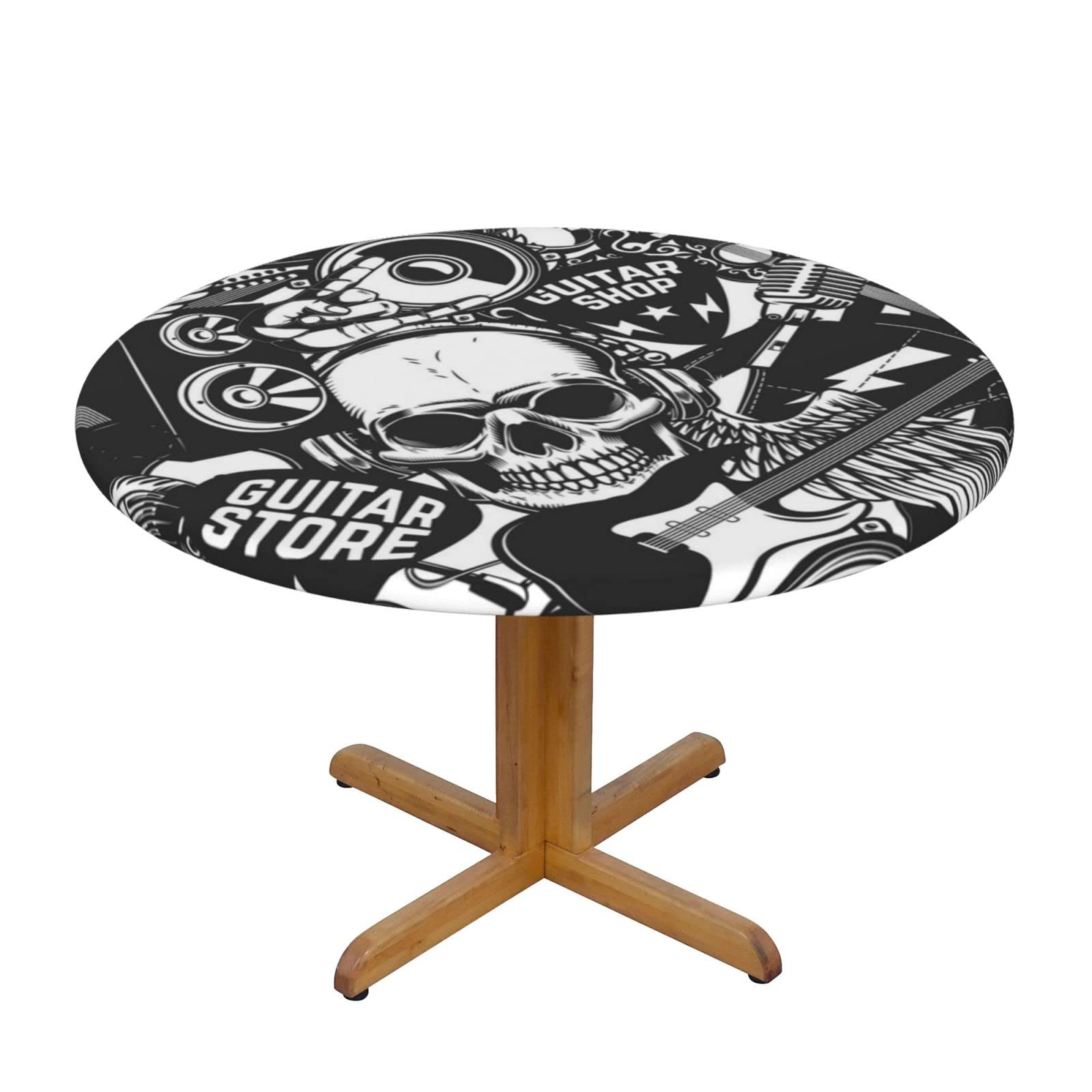 Lsjuee Round Fitted Tablecloth 45-50in Elastic Edged Table Cloth for Kitchen Dining Party Home Decor - Skull Rock Roll Music Black