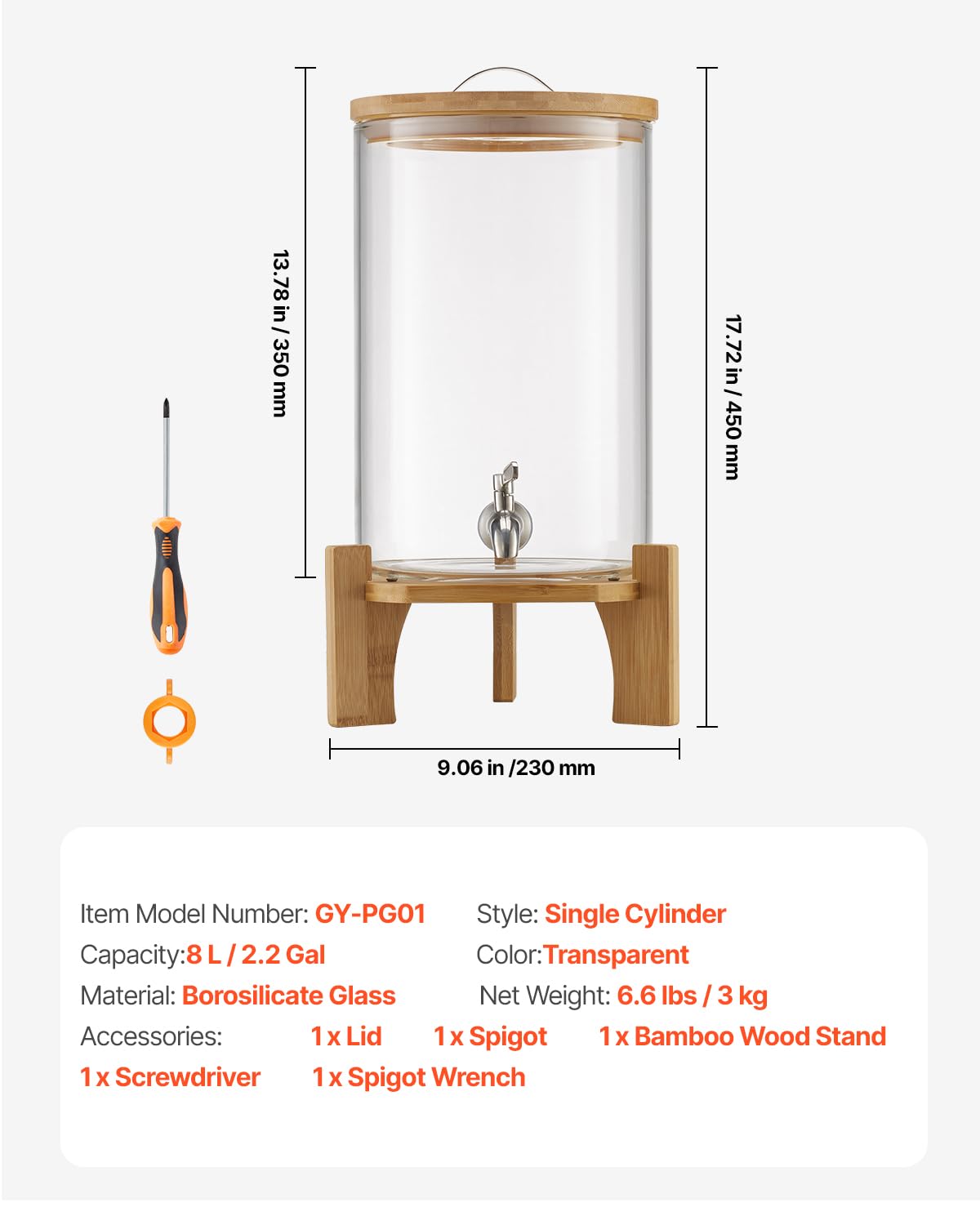 VEVOR Distributore di Bevande 8 L per Feste, Contenitore di Succhi in Vetro con Supporto in Legno con Rubinetto in Acciaio Inox, Distributore di Tè Freddo, Limonata per Ristoranti, Hotel e Feste