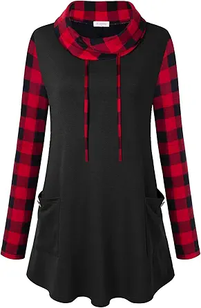 Bulotus Fall Sweaters for Women 2025 Cowl Neck Asymmetrical Long Tunics for Leggings Vacation Travel Tops with Pockets