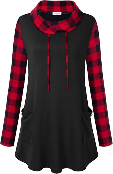 Bulotus Fall Sweaters for Women 2025 Cowl Neck Asymmetrical Long Tunics for Leggings Vacation Travel Tops with Pockets