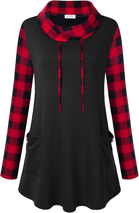 Bulotus Fall Sweaters for Women 2025 Cowl Neck Asymmetrical Long Tunics for Leggings Vacation Travel Tops with Pockets