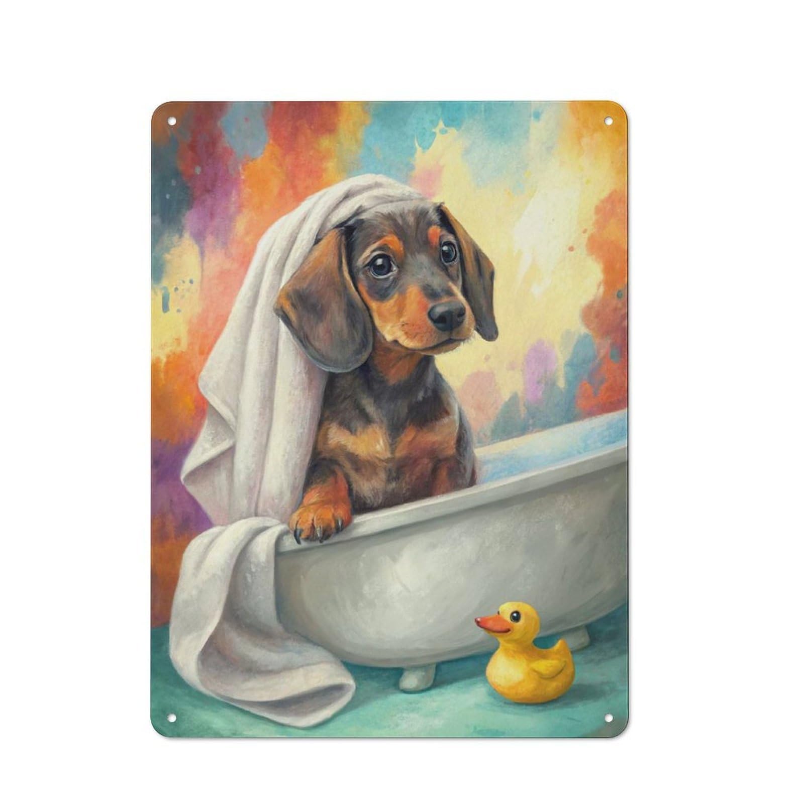 Junmoney Style-22 Tin Wall Plaque 40X30cm With Dachshund Puppy In Bathtub With Duck For Guest Room Or Hallway, For Updating Guest Room And Hallway After Moving