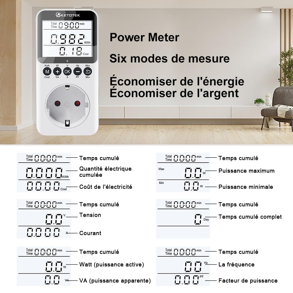 KETOTEK Medidor de Consumo Electrico, Enchufe Monitor de Electricidad con Pantalla LCD Retroiluminada, Medidor de Costo de Electricidad Medidor de Energía con 3680W Protección contra Sobrecarga