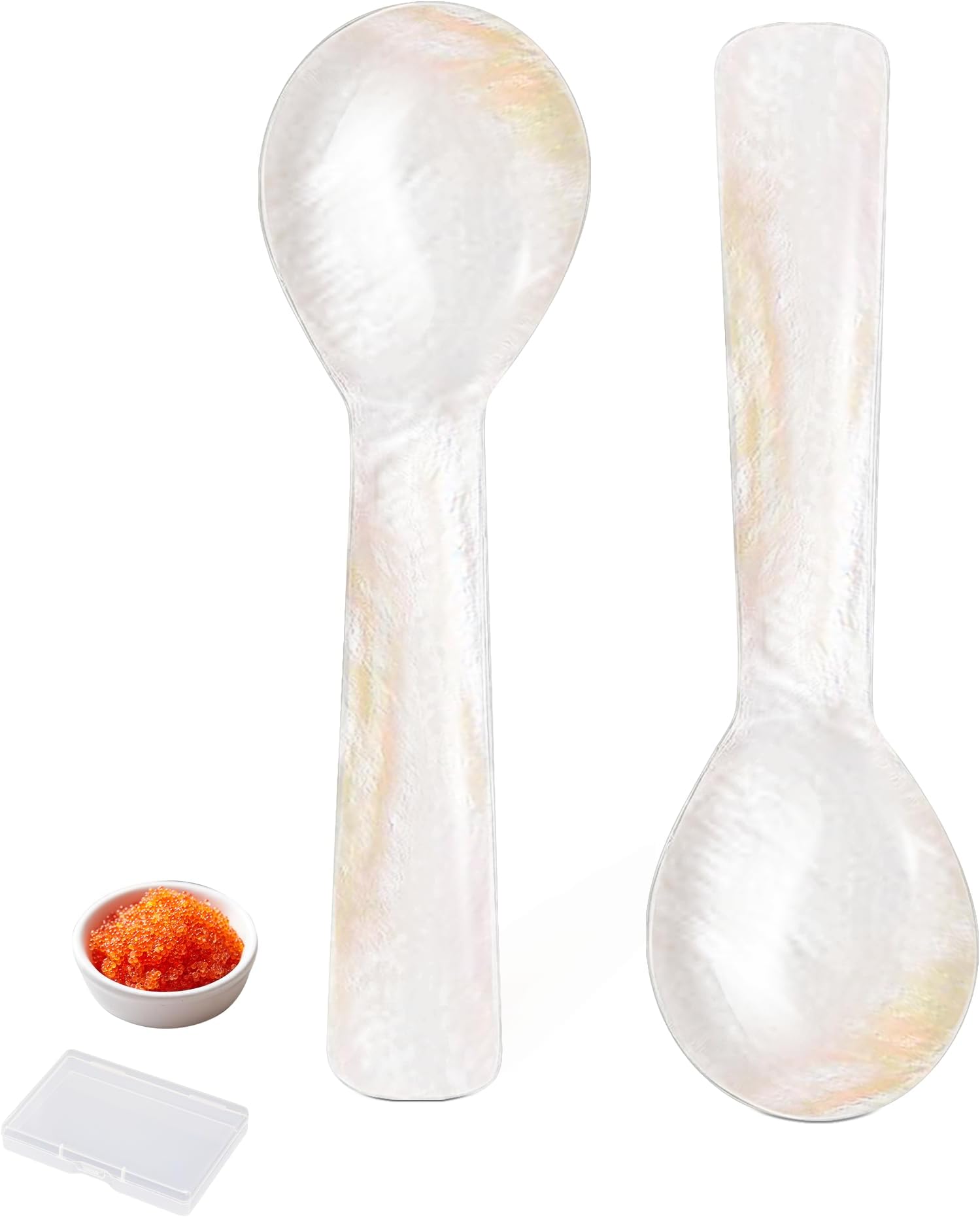 2 Pcs Mother of Pearl Spoon,Hand Craft Caviar Serving Set,Caviar Spoons with Storage Box,Tiny Spoon WRound Handle for Caviar, Egg, lce Cream, Coffee,Restaurant Serving(3.54 Inches)