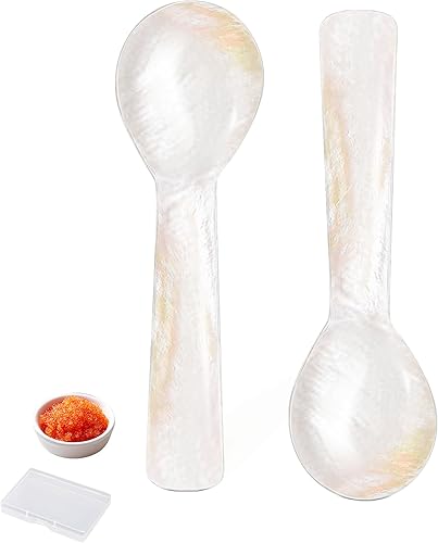 Juego de 2 cucharas de madreperla para servir caviar artesanal, cucharas de caviar con caja de almacenamiento, cuchara pequeña con mango redondo