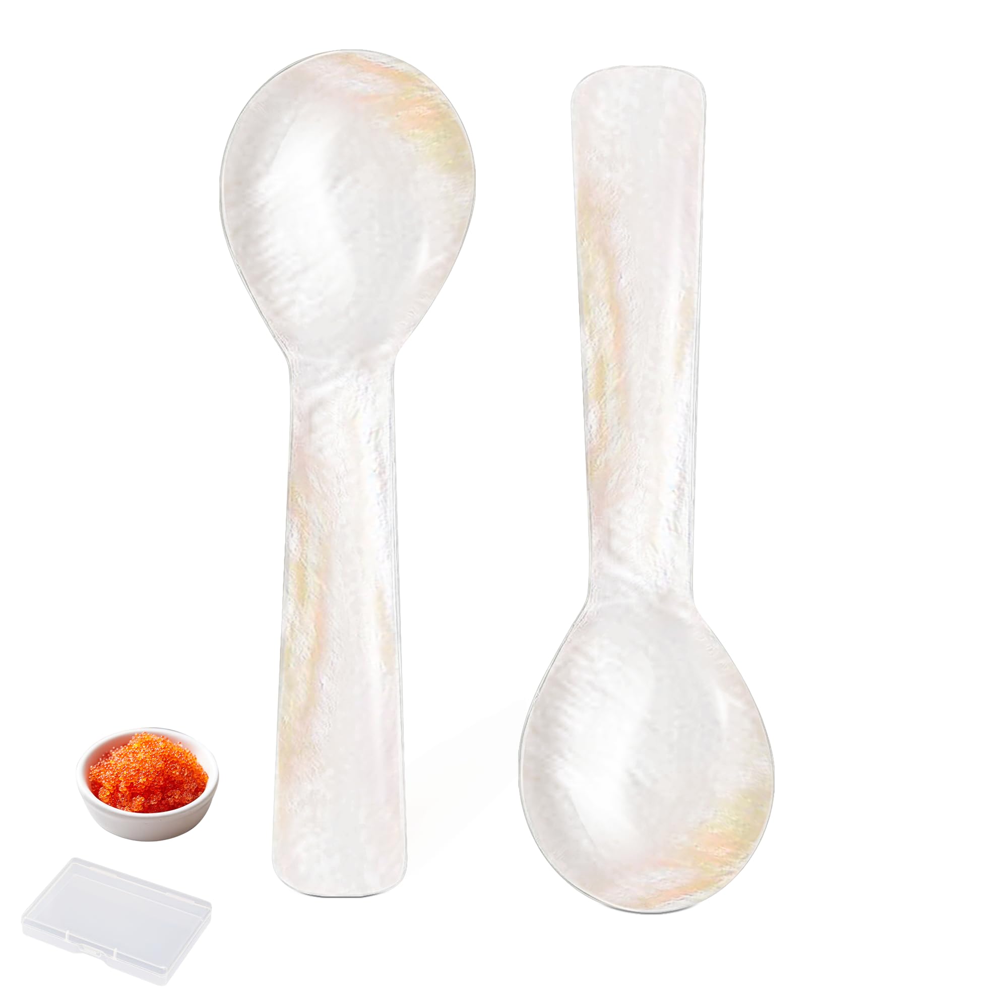 2 Pcs Mother of Pearl Spoon,Hand Craft Caviar Serving Set,Caviar Spoons with Storage Box,Tiny Spoon WRound Handle for Caviar, Egg, lce Cream, Coffee,Restaurant Serving(3.54 Inches)