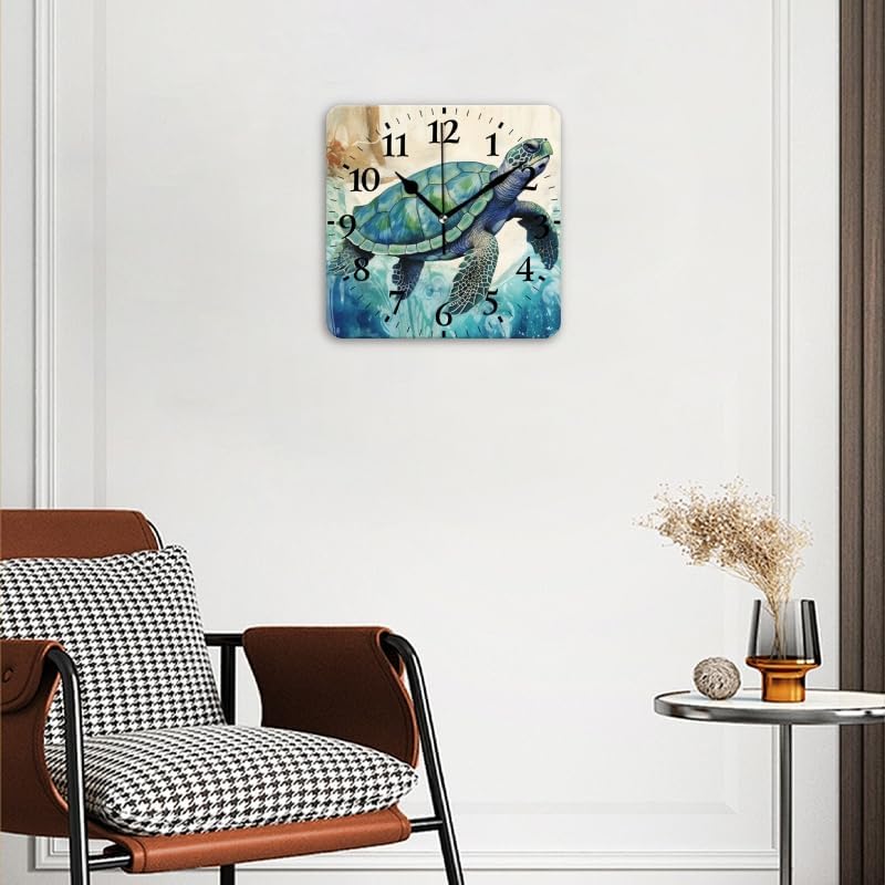 Quartz Wall Clocks Non-Ticking Silent Battery Operated Modern Wall Clocks Decorative for Home,Bedroom-Watercolor Painting of Elegant Cute Sea Turtle(16inch)